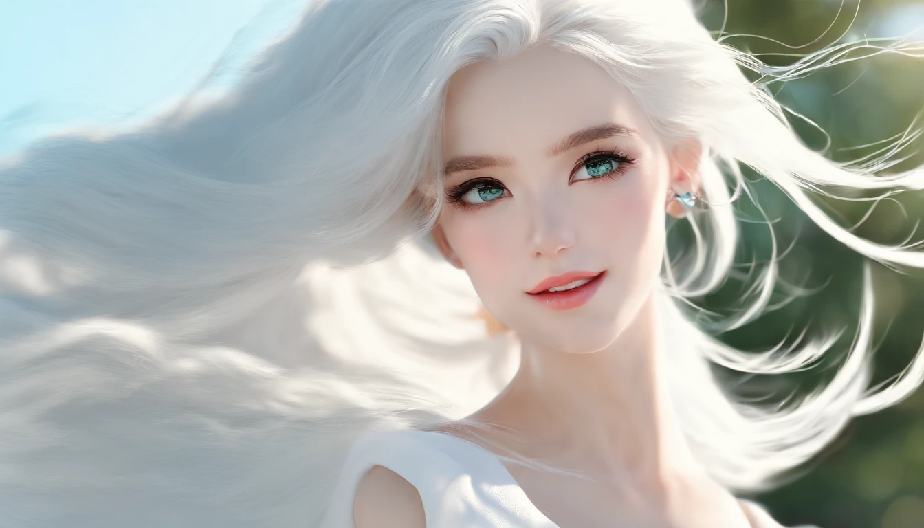 White sheer short tank top dress girl, Sexy girl with green eyes, Portrait of Sophie Mudd, (Big Eyes:1.2 ), (Subtle turquoise eyes), (Voluminous white hair: 1.8), (white hair), (large eyes), (white hair), (large eyes), (white hair), (large eyes), Selfie of a young woman, without makeup, natural makeup, Straight Looking at the Camera, Faces with artgrams, Subtle makeup, Amazing full-body shots, Pierced green eyes, Beautiful angles, attractive pose, Cute Girl, Sexy Pose, full body photograph, s whole body, full body shooting, White hair goddess, High Detail, Satisfying pose, seaside, waves, Sunny weather, shining sun, (Hair blowing in the breeze), Sunny weather, shining sun, (Hair blowing in the breeze), (Hair blowing in the breeze)