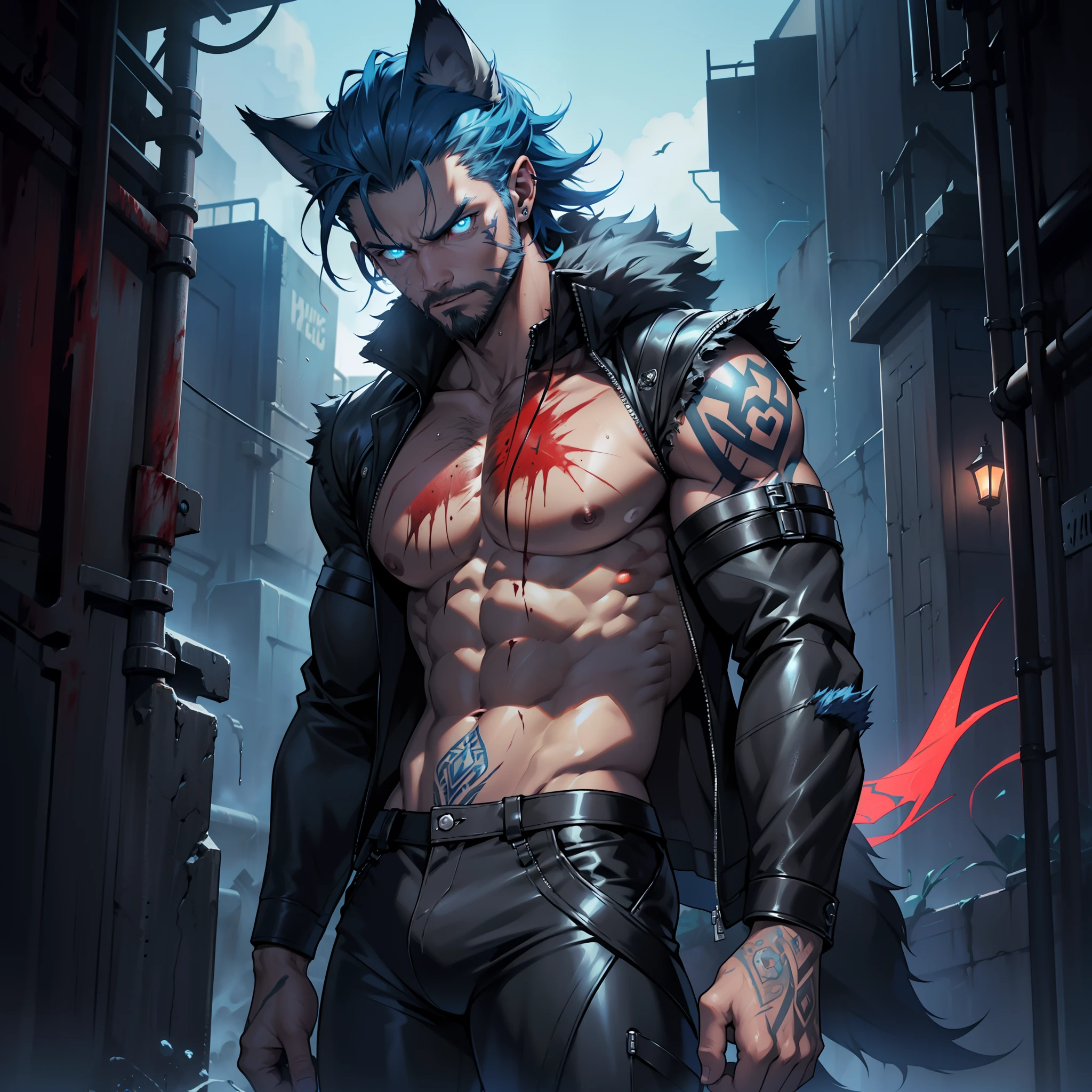 ((dark futuristic city environment)) low light, nighttime, pitch black, lowered head and scowling, evil boy, villain, demonic, satanic, wicked, young masculine teen with short beard, body hair, he wants to kill, ((dripping with blood)), blood on his lips, ((dark tanned skin)), bulge, short cropped ombre hair, ((has wolf ears)), ((has wolf tail)), ((he is solo, he is alone)), has highly detailed ((glowing)) blue eyes, covered in ((blue tattoos)), wearing skintight leather pants, ((shirtless)), muscular thighs