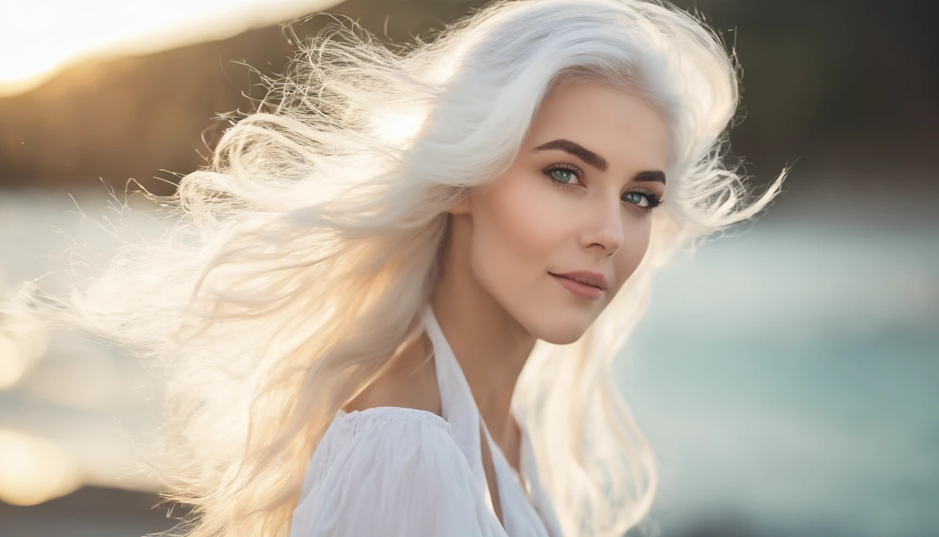 White sheer short tank top dress girl, Sexy girl with green eyes, Portrait of Sophie Mudd, (Big Eyes:1.2 ), (Subtle turquoise eyes), (Voluminous white hair: 1.8), (Silver-haired hair), (large eyes), (Silver-haired hair), (large eyes), (Silver-haired hair), (large eyes), Selfie of a young woman, without makeup, natural makeup, Straight Looking at the Camera, Faces with artgrams, Subtle makeup, Amazing full-body shots, Pierced green eyes, Beautiful angles, attractive pose, Cute Girl, Sexy Pose, full body photograph, s whole body, full body shooting, Brunette Goddess, High Detail, Satisfying pose, seaside, waves, Sunny weather, shining sun, (Hair blowing in the breeze)
