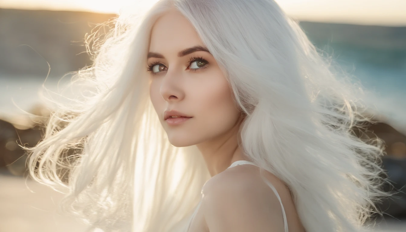 White sheer short tank top dress girl, Sexy girl with green eyes, Portrait of Sophie Mudd, (Big Eyes:1.2 ), (Subtle turquoise eyes), (Voluminous white hair: 1.8), (white hair), (large eyes), (white hair), (large eyes), (white hair), (large eyes), Selfie of a young woman, without makeup, natural makeup, Straight Looking at the Camera, Faces with artgrams, Subtle makeup, Amazing full-body shots, Pierced green eyes, Beautiful angles, attractive pose, Cute Girl, Sexy Pose, full body photograph, s whole body, full body shooting, White hair goddess, High Detail, Satisfying pose, seaside, waves, Sunny weather, shining sun, (Hair blowing in the breeze), Sunny weather, shining sun, (Hair blowing in the breeze), (Hair blowing in the breeze)