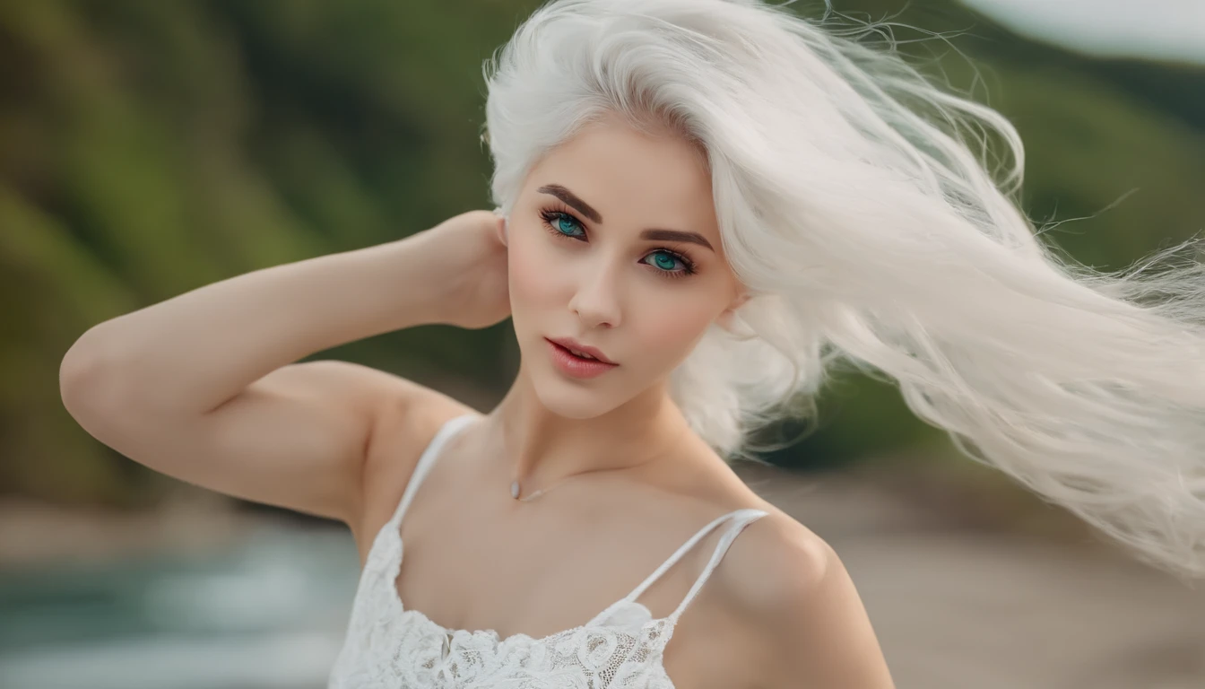 White sheer short tank top dress girl, Sexy girl with green eyes, Portrait of Sophie Mudd, (Big Eyes:1.2 ), (Subtle turquoise eyes), (Voluminous white hair: 1.8), (white hair), (large eyes), (white hair), (large eyes), (white hair), (large eyes), Selfie of a young woman, without makeup, natural makeup, Straight Looking at the Camera, Faces with artgrams, Subtle makeup, Amazing full-body shots, Pierced green eyes, Beautiful angles, attractive pose, Cute Girl, Sexy Pose, full body photograph, s whole body, full body shooting, White hair goddess, High Detail, Satisfying pose, seaside, waves, Sunny weather, shining sun, (Hair blowing in the breeze), Sunny weather, shining sun, (Hair blowing in the breeze), (Hair blowing in the breeze)