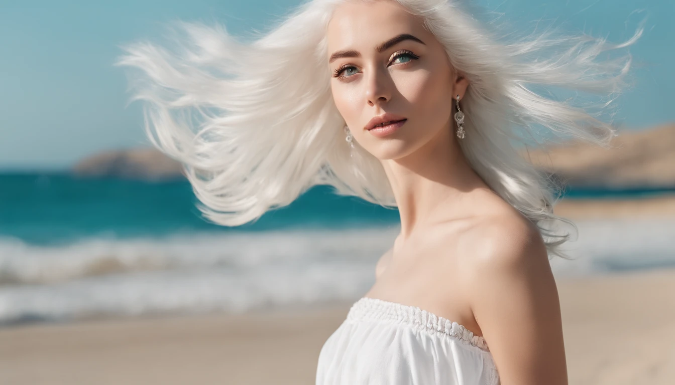 White sheer short tank top dress girl, Sexy girl with green eyes, Portrait of Sophie Mudd, (Big Eyes:1.2 ), (Subtle turquoise eyes), (Voluminous white hair: 1.8), (white hair), (large eyes), (white hair), (large eyes), (white hair), (large eyes), Selfie of a young woman, without makeup, natural makeup, Straight Looking at the Camera, Faces with artgrams, Subtle makeup, Amazing full-body shots, Pierced green eyes, Beautiful angles, attractive pose, Cute Girl, Sexy Pose, full body photograph, s whole body, full body shooting, White hair goddess, High Detail, Satisfying pose, seaside, waves, Sunny weather, shining sun, (Hair blowing in the breeze), Sunny weather, shining sun, (Hair blowing in the breeze), (Hair blowing in the breeze)