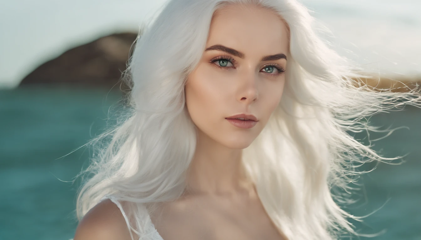 White sheer short tank top dress girl, Sexy girl with green eyes, Portrait of Sophie Mudd, (Big Eyes:1.2 ), (Subtle turquoise eyes), (Voluminous white hair: 1.8), (white hair), (large eyes), (white hair), (large eyes), (white hair), (large eyes), Selfie of a young woman, without makeup, natural makeup, Straight Looking at the Camera, Faces with artgrams, Subtle makeup, Amazing full-body shots, Pierced green eyes, Beautiful angles, attractive pose, Cute Girl, Sexy Pose, full body photograph, s whole body, full body shooting, White hair goddess, High Detail, Satisfying pose, seaside, waves, Sunny weather, shining sun, (Hair blowing in the breeze), Sunny weather, shining sun, (Hair blowing in the breeze), (Hair blowing in the breeze)