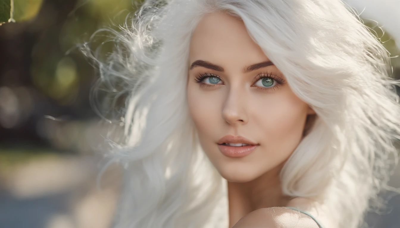 White sheer short tank top dress girl, Sexy girl with green eyes, Portrait of Sophie Mudd, (Big Eyes:1.2 ), (Subtle turquoise eyes), (Voluminous white hair: 1.8), (white hair), (large eyes), (white hair), (large eyes), (white hair), (large eyes), Selfie of a young woman, without makeup, natural makeup, Straight Looking at the Camera, Faces with artgrams, Subtle makeup, Amazing full-body shots, Pierced green eyes, Beautiful angles, attractive pose, Cute Girl, Sexy Pose, full body photograph, s whole body, full body shooting, White hair goddess, High Detail, Satisfying pose, seaside, waves, Sunny weather, shining sun, (Hair blowing in the breeze), Sunny weather, shining sun, (Hair blowing in the breeze), (Hair blowing in the breeze)