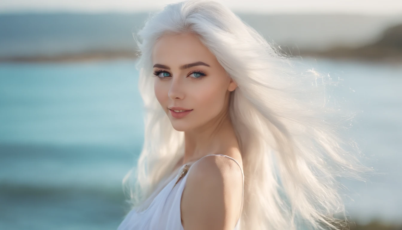 White sheer short tank top dress girl, Sexy girl with green eyes, Portrait of Sophie Mudd, (Big Eyes:1.2 ), (Subtle turquoise eyes), (Voluminous white hair: 1.8), (white hair), (large eyes), (white hair), (large eyes), (white hair), (large eyes), Selfie of a young woman, without makeup, natural makeup, Straight Looking at the Camera, Faces with artgrams, Subtle makeup, Amazing full-body shots, Pierced green eyes, Beautiful angles, attractive pose, Cute Girl, Sexy Pose, full body photograph, s whole body, full body shooting, White hair goddess, High Detail, Satisfying pose, seaside, waves, Sunny weather, shining sun, (Hair blowing in the breeze), Sunny weather, shining sun, (Hair blowing in the breeze), (Hair blowing in the breeze)
