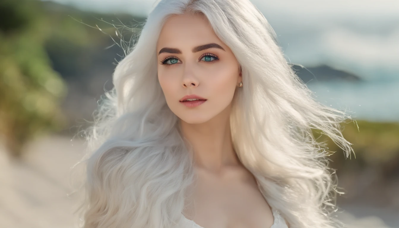 White sheer short tank top dress girl, Sexy girl with green eyes, Portrait of Sophie Mudd, (Big Eyes:1.2 ), (Subtle turquoise eyes), (Voluminous white hair: 1.8), (white hair), (large eyes), (white hair), (large eyes), (white hair), (large eyes), Selfie of a young woman, without makeup, natural makeup, Straight Looking at the Camera, Faces with artgrams, Subtle makeup, Amazing full-body shots, Pierced green eyes, Beautiful angles, attractive pose, Cute Girl, Sexy Pose, full body photograph, s whole body, full body shooting, White hair goddess, High Detail, Satisfying pose, seaside, waves, Sunny weather, shining sun, (Hair blowing in the breeze), Sunny weather, shining sun, (Hair blowing in the breeze), (Hair blowing in the breeze)