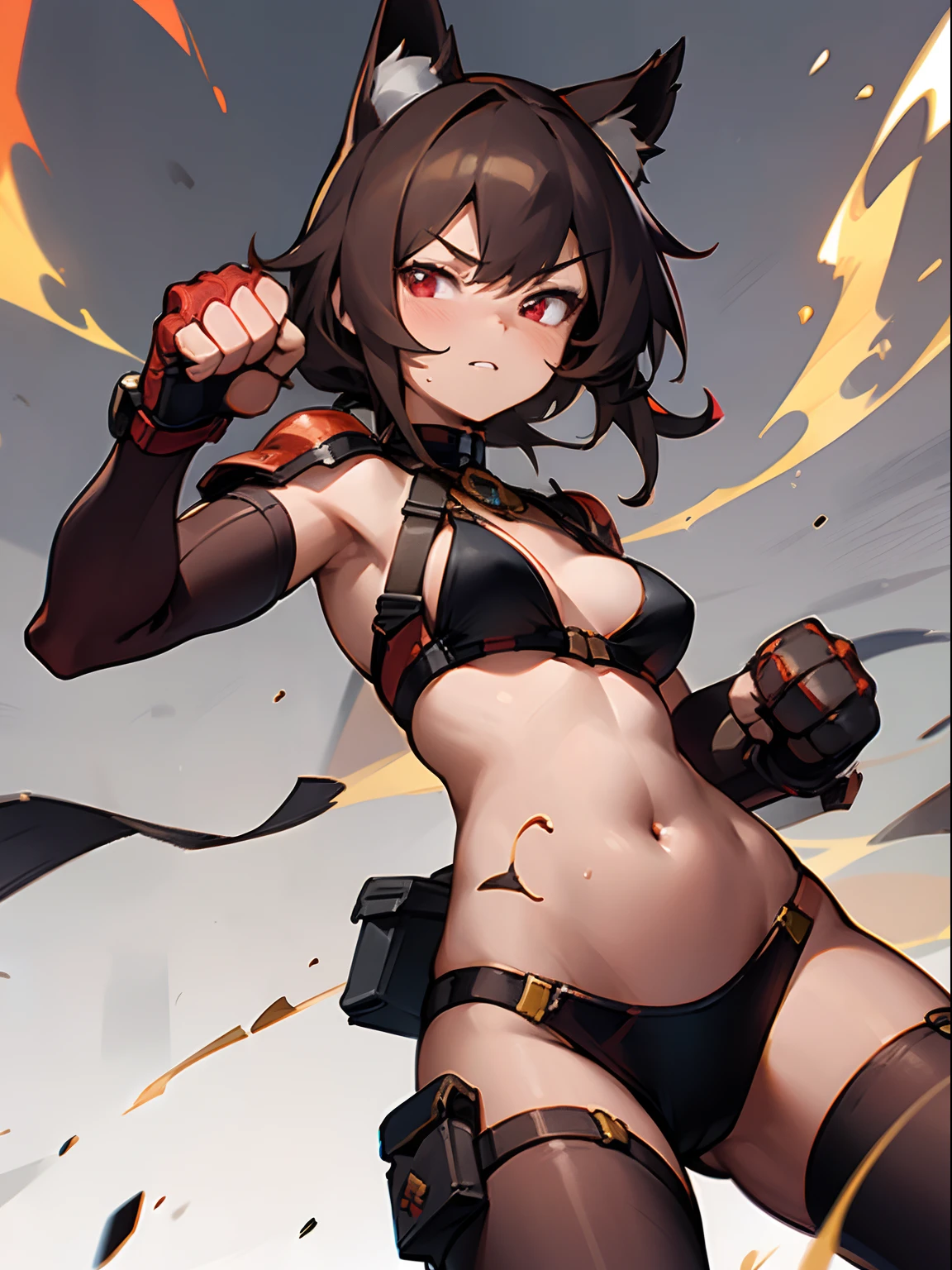 masterpiece, 8k, artstation, super high detailed, super high resolution, 1 girl, brown hair, glowing red eyes, closeup, cat ears, tactical, fury, flames, bikini armor, cinder, pouches, ((clenched fists)), guard, arms braced