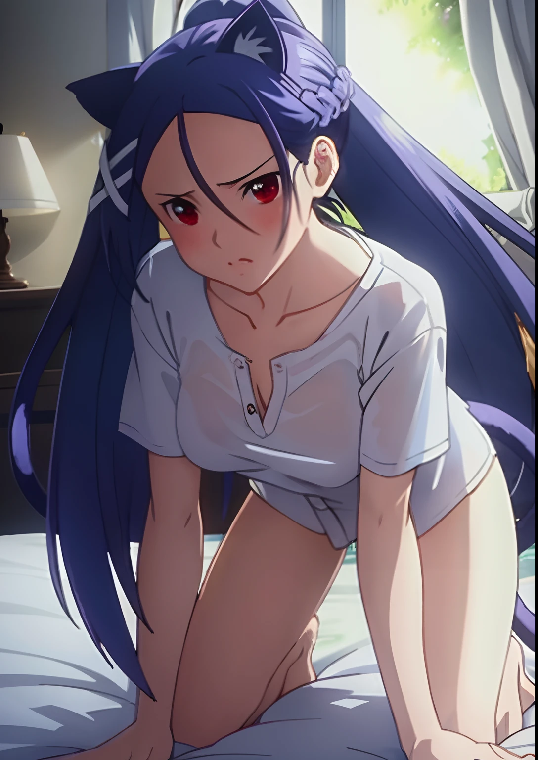 (((masterpiece))), (((best quality))), ultra-detaile, ,on bed, ((sexy)), ((thigh)), cinematic lighting, blush,looking at viewer,collarbone, short sleeve, all fours, wet, bottomless, white shirts, (large shirts), ((cat ears)),cat tail, hair between eyes, very long hair, high pony tail, x hair ornament, ,red eyes:1.2,hair ornament, ,braid, realistic,