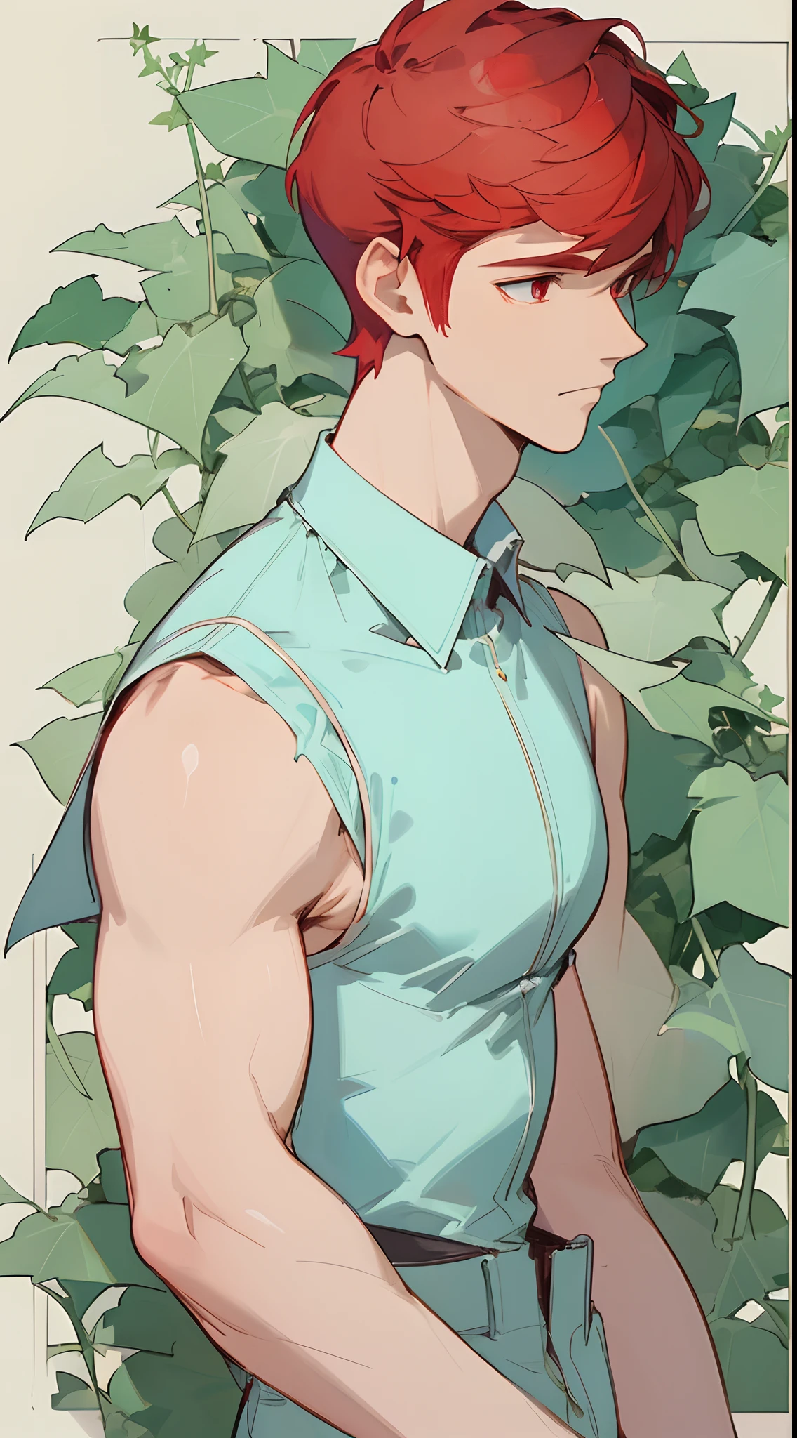 (masterpiece, best quality) detailed, 1Character , blue archive art style , pastel washed out colors , cell shade , soft, muted shades ,gentle colors ,
Close up head shot , facing forward, sleeveless short , mugler clothing , high fashion, Handsome man , red hair , very Short hair, ((Ivy League Haircut:1)) , red eyes , light skin , ((muscular:1)),masculine ,age 33