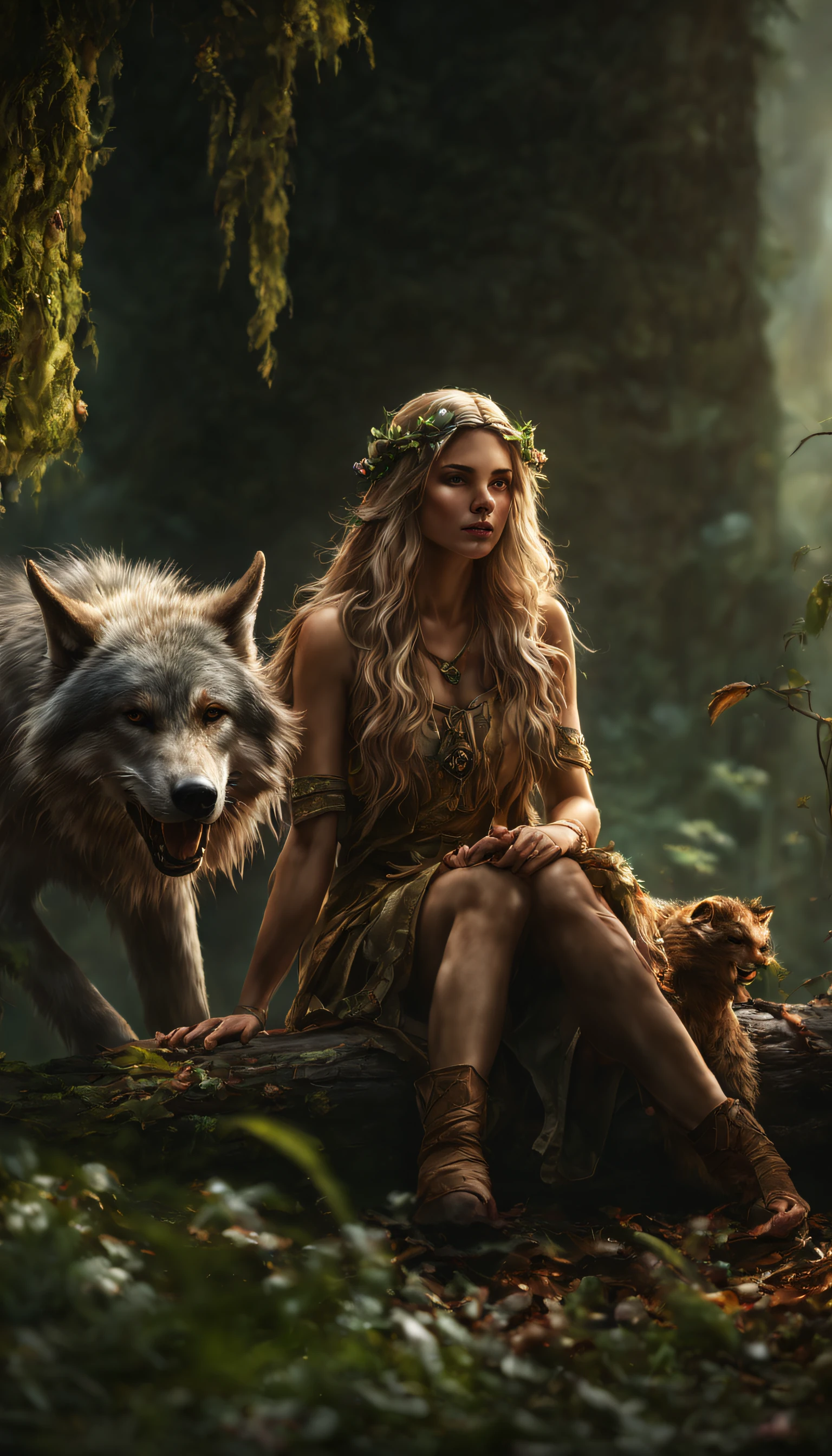 (Beautiful druid elf girl sitting on logl:1.3) hugging  a big  wolf  (extremely detailed CG unity 8k wallpaper,masterpiece, best quality, ultra-detailed, beautiful detailed eyes:1.2),best illumination, (best shadow, an extremely delicate and beautiful, bloom), masterpiece, best quality:1.1, realistic:1.3, cinematic lighting:1.2, in the dark cavern:1.5, ultra photoreal, photorealistic:1.0, sharp focus:1.1, depth of field:1.1, 50mm, style of Nathan Wirth, Hasselblad X1D II, Porta 160