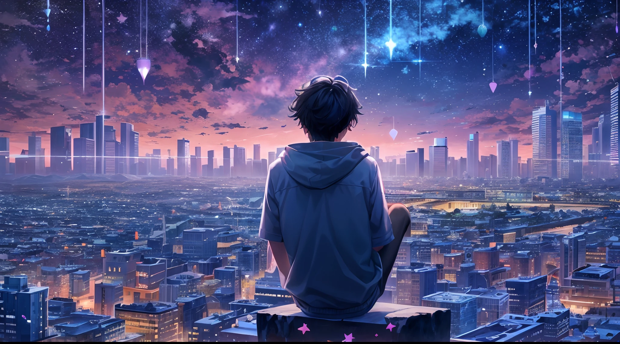Genrate a masterpiece imagine City landscape below, above dark night sky, [purple, green, blue, pink combined coloured comite falling.] Falling stars, milky way galaxy, a 17 year old boy, black hair, blue shiny eyes, white skin, sitting on his house roof top with telescope