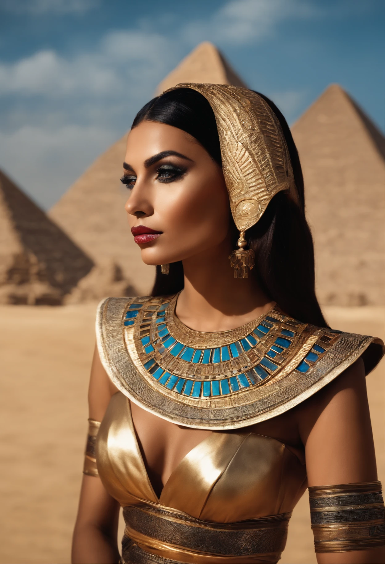 Hyper realistic photoshoot woman model vogue fashion magazine cover inspired by egyptian goddess modern days realistic skin hair face posing cleopatra Egyptian pyramids realistic person
