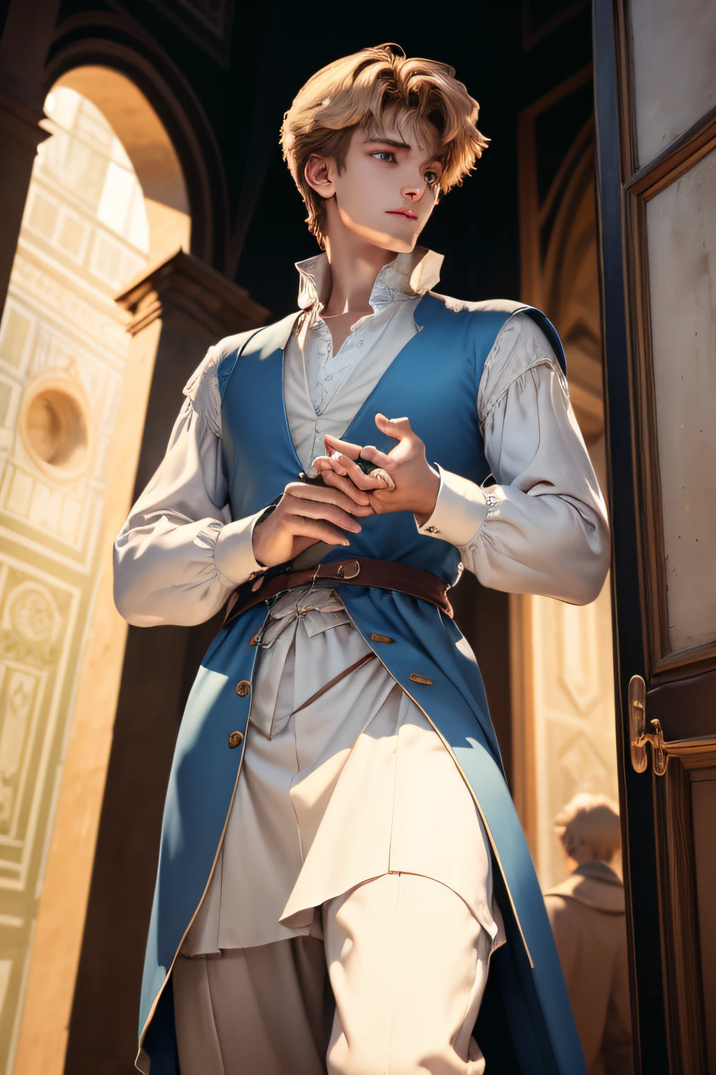 Two-dimensional illustration,Artistic illustration,quadratic element,Italy,painter,Two-dimensional beautiful man,Beautiful Boys,Delicate handsome,Vintage mystery,Delicate blue eyes,Tall and slender figure,Delicate skin,Beautiful and delicate short blonde hair,Painting in the landscapes of Florence,occultism,magia,Middle Ages style,Renaissance style,davinci,Florence,Back to the future 1999,Thickly painted lines,Fresh and elegant view,Light Barrott clothes,Light-colored clothing,Delicate blonde hair,Smile Expression,Italian