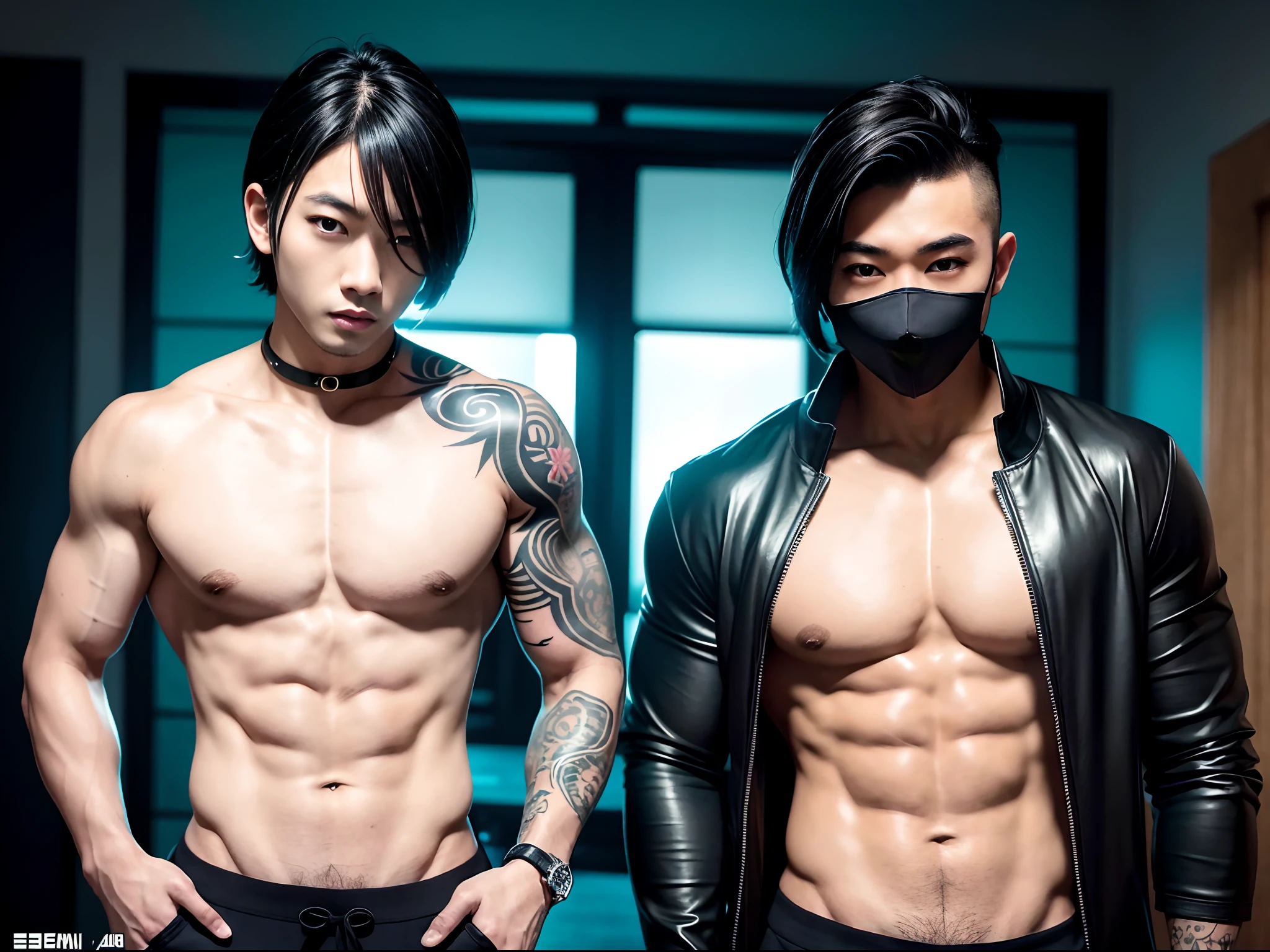 Two oriental men, Boyfriend,Gay, In the fun, roleplaying, Play as a sexy bandit,A mask(black in color)!!,Kim Sejia's anime eyes, Shin Jung-ho's anime eye, Kiss!!,Almost kissed, body defined, Beautiful, Oriental, Realistic, Cinematic, High quality, 16k, Best quality, High details, Super detail, Tattoos, upper body photos, The pants are a little revealing