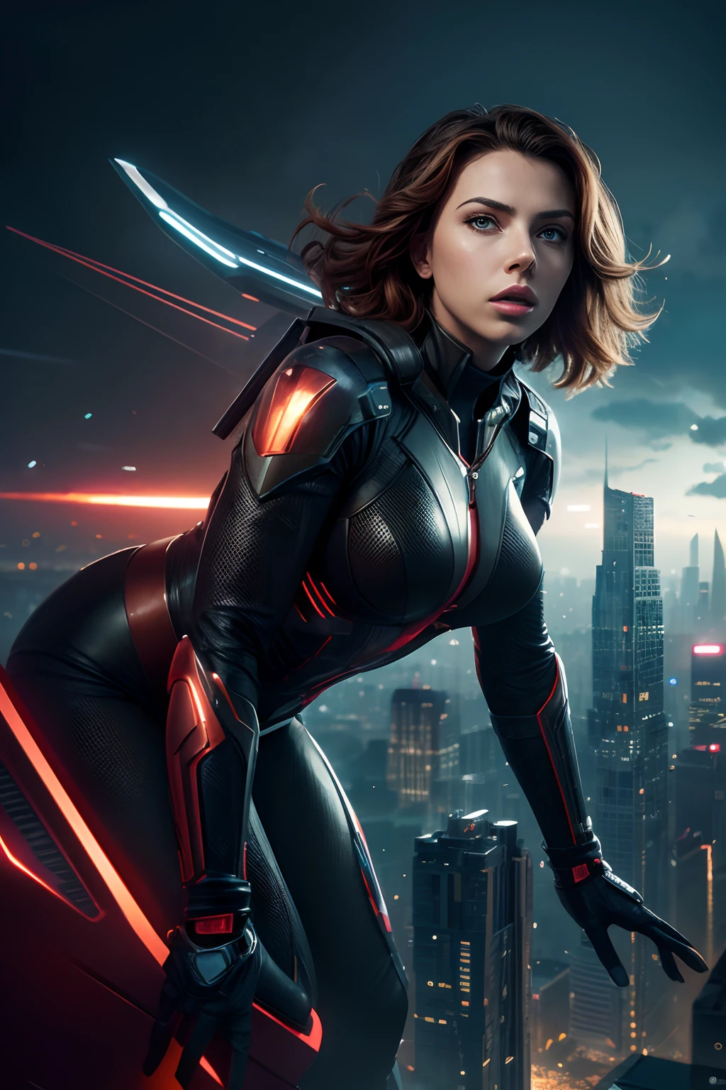 (best quality,4k,highres,masterpiece:1.2),ultra-detailed,(realistic,photorealistic,photo-realistic:1.37),red intense sunset,scarlet colors,portraits,sci-fi,ships flying over an avante-garde city scene,beautifully illuminated futuristic buildings and streets,towering skyscrapers towering over the cityscape,dreamlike atmosphere,advanced lighting effects,impressive reflections,majestic spaceships soaring through the sky,dynamic composition,attention to fine details,epic proportions,action-packed,otherworldly ambiance,immersive experience,meticulous attention to shadows and highlights,mesmerizing celestial glow,awe-inspiring architecture,exquisite facial features of characters,expressive eyes and lips,detailed human figures,movement and energy,artists' interpretations of futuristic cityscapes,large-scale mural-sized artwork,vividly captures the essence of a futuristic metropolis,stunning visual impact,unforgettable artistic journey.Scarlet Johansson como Homem de Ferro futurista, squat in attack position, com um olhar imponente. A cena se passa no escuro, with explosions lighting up the surroundings. There are also some characters present, with alien creatures appearing in the background. Image quality is of the highest level, with 4K resolution and ultra-detail. The artwork is created in a photorealistic style, emphasizing vivid colors and sharp focus. The overall tone of the image is dominated by vibrant and intense lighting effects, enhancing the dramatic atmosphere.
