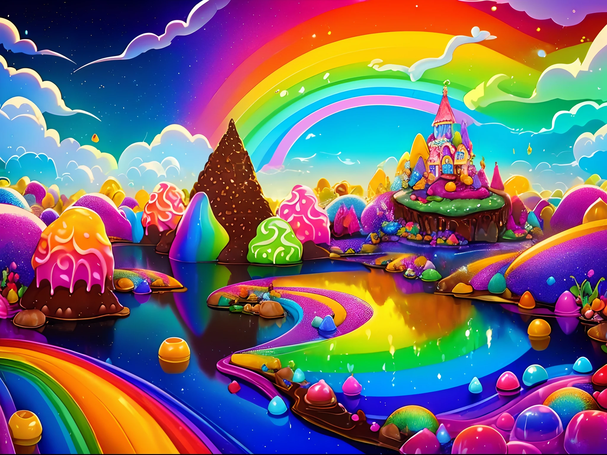 (tmasterpiece, Best quality:1.3), hyper-high detail, fantasy, 8K, candyland, Dynamic,SENSE OF CINEMA, Ultra detail, Full background, dream magical, illustration, water dripping, glittery, (Odd cookies:1.3), (Ocean), , syrup, glitters, scenery, ((No Man)), Drizzle,The rainbow hangs high in the air, (Shiny:1.2), Various colors, Monolithic, (full bloom:0.4), extremely detaile, (Yellow and brown theme:1.3), streaked, Rainbow, (gradients), Fruit Kingdom, Lively, Perfectcomposition