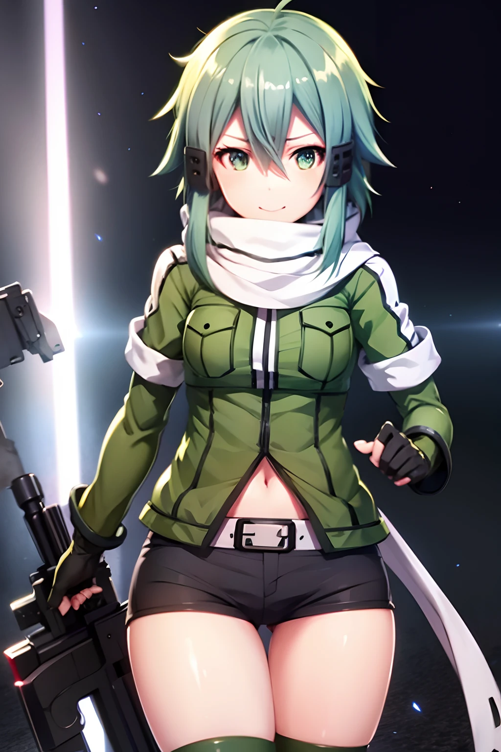 Shinono, green hair,large breats,light smile,gloves, shorts, fingerless gloves, scarf, short shorts, black shorts, anti-materiel rifle,best quality