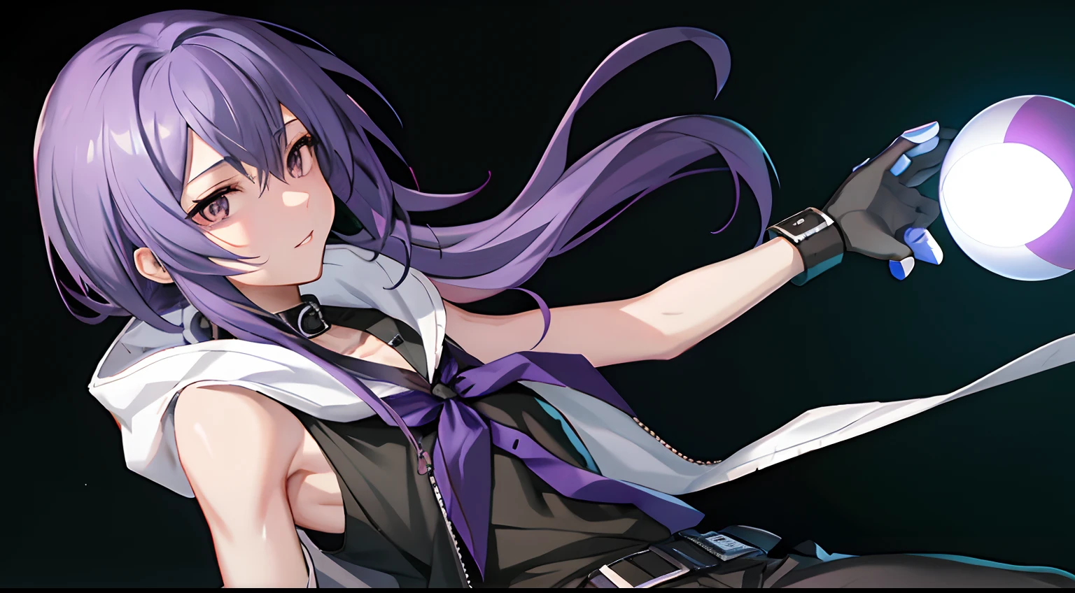 Skinny boy with long purple hair wearing a black tank top with a jacket on top holding a poké ball with the light next to him