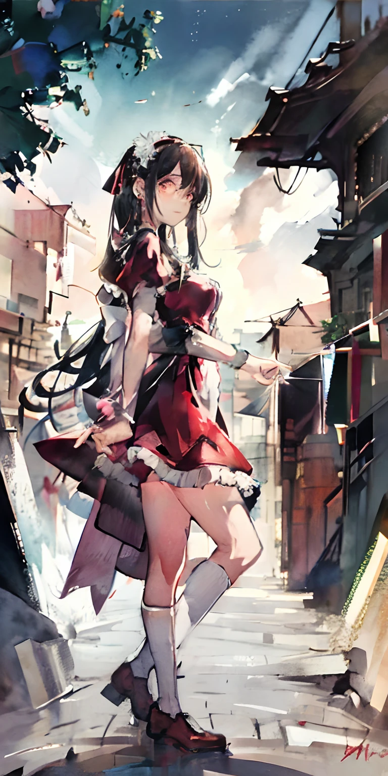 masutepiece:1.3, Concept art, Illustration, a matural female, 29yo, Perfect face, Sad tooth smile, Sad face, Detailed eyes, Detailed face, Huge breasts, Beautiful skin, ((Red Eyes)), Expressive eyes, brunette, Hair ribbons, earrings, maid dress, Silk dress, Dramatic face, Rim lighting, Dutch Angle, pixiv, water background, (((FULL BODYSHOT)))