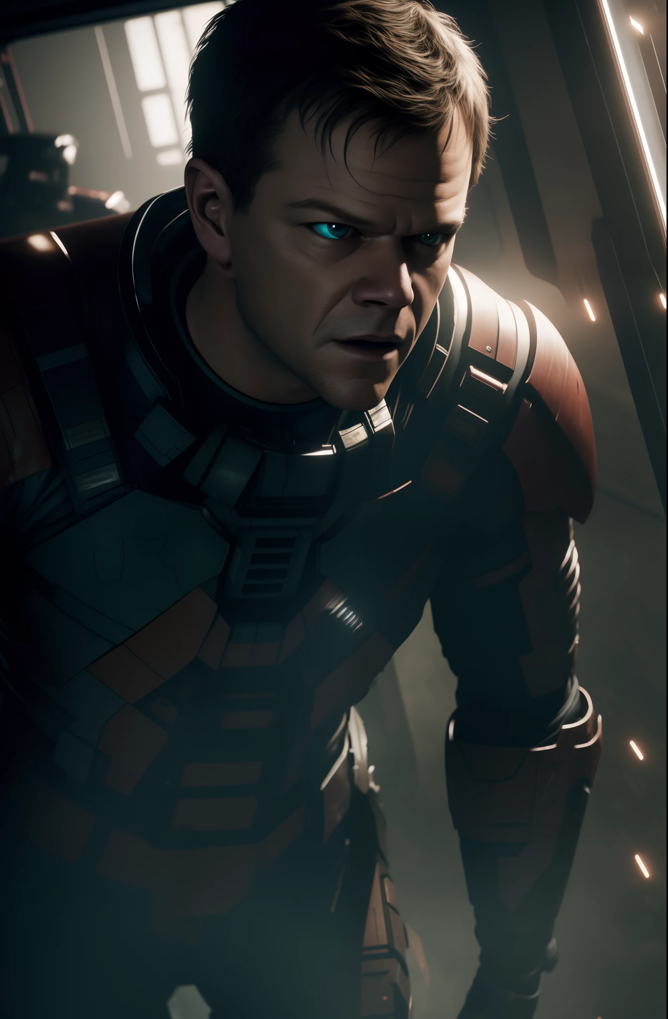 Sci Fi Horror Dead Space Matt Damon on Ishimura Haunted Ship photography, natural light, photorealism, cinematic rendering, ray tracing, the highest quality, the highest detail, Cinematic, Third-Person View, Blur Effect, Long Exposure, 8K, Ultra-HD, Natural Lighting, Moody Lighting, Cinematic Lighting