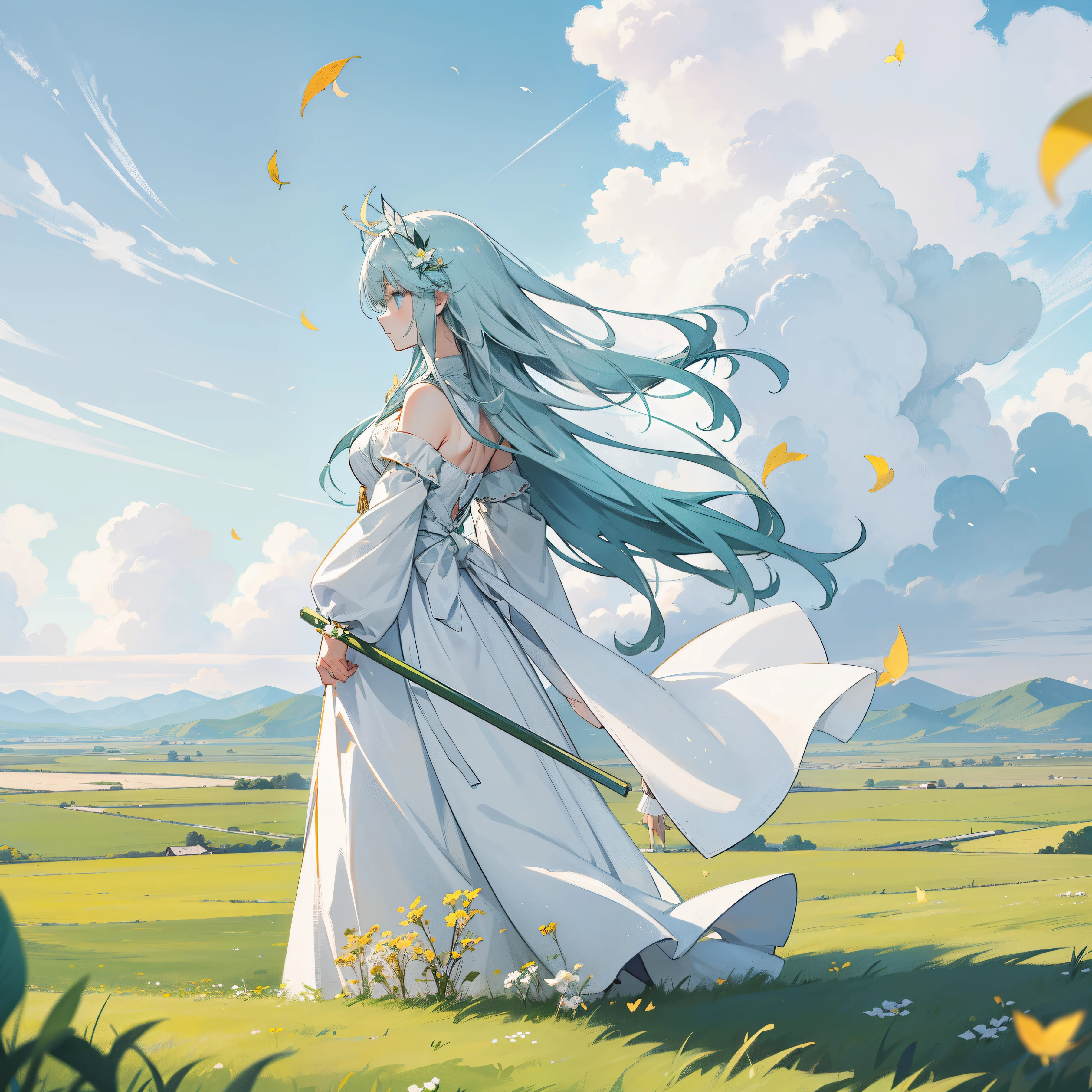 grass field、Girl Standing Alone、posterior view、Girl with long hair、profile、A slightly sad look、Girl in a white dress、gazing into distance、Evening glow、Wide sky、Akane's Sky、Flowing clouds、windy appearance、Leaves fluttering in the steppe、Sunlight shines in、White mountains in the distance、