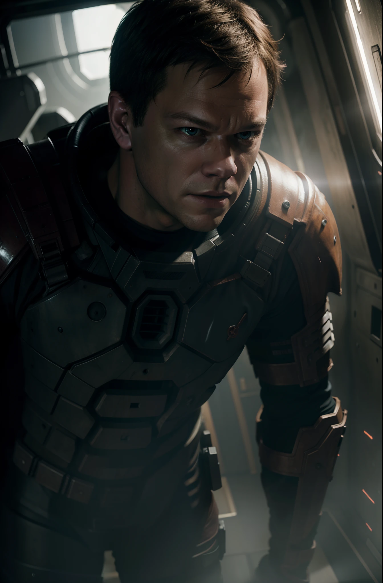 Sci Fi Horror Dead Space Matt Damon on Ishimura Haunted Ship photography, natural light, photorealism, cinematic rendering, ray tracing, the highest quality, the highest detail, Cinematic, Third-Person View, Blur Effect, Long Exposure, 8K, Ultra-HD, Natural Lighting, Moody Lighting, Cinematic Lighting
