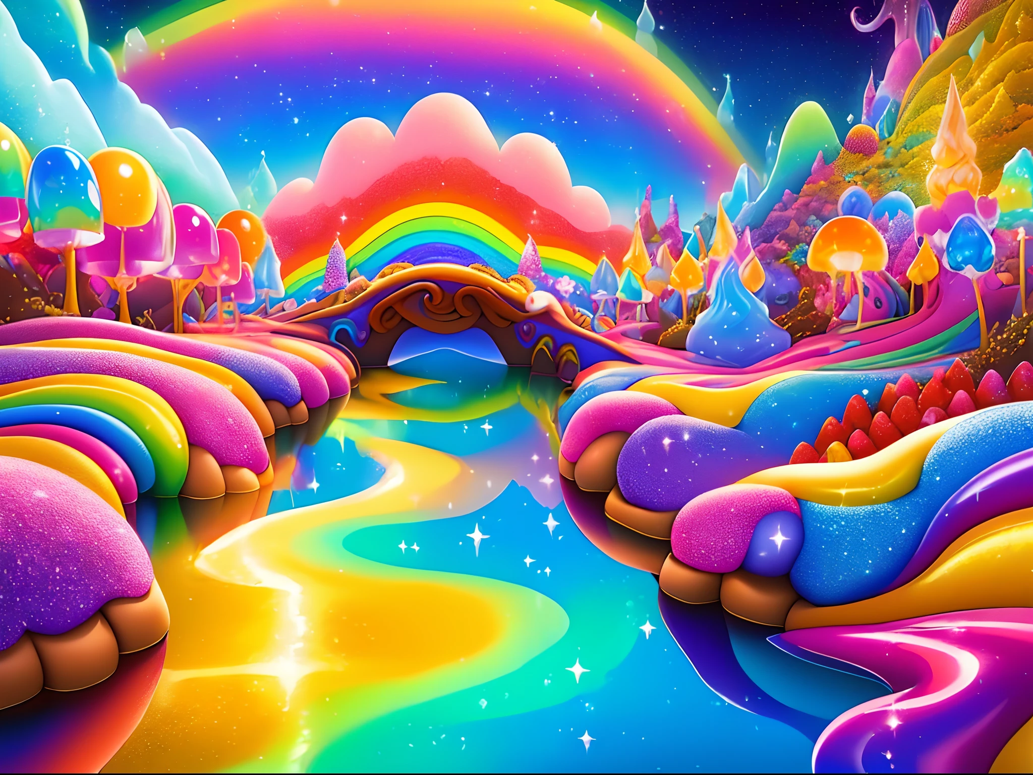 (tmasterpiece, Best quality:1.3), hyper-high detail, fantasy, 8K, candyland, Dynamic,SENSE OF CINEMA, Ultra detail, Full background, dream magical, illustration, water dripping, glittery, (Odd cookies:1.3), (Ocean), , syrup, glitters, scenery, ((No Man)), Drizzle,The rainbow hangs high in the air, (Shiny:1.2), Various colors, Monolithic, (full bloom:0.4), extremely detaile, (Yellow and brown theme:1.3), streaked, Rainbow, (gradients), Fruit Kingdom, Lively, Perfectcomposition