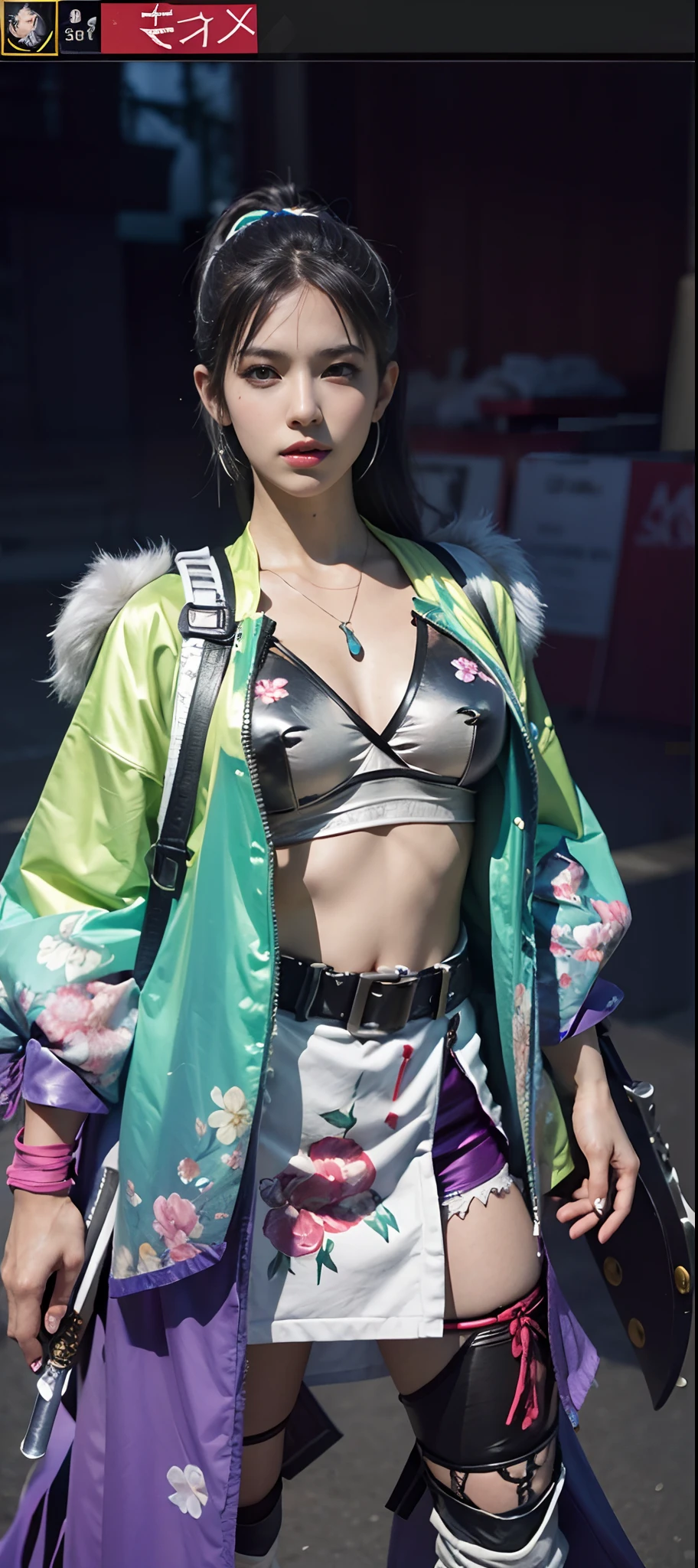 a close up of a person in a costume with a sword, as a character in tekken, female character, tifa lockhart with white hair, katana zero video game character, lunar themed attire, kda, slim body, cyborg - girl with silver hair, upper body avatar, (( medium breast;1.2)), fashion gameplay screenshot, fighting game character, new character, floralpunk elysian maiden, sigma female