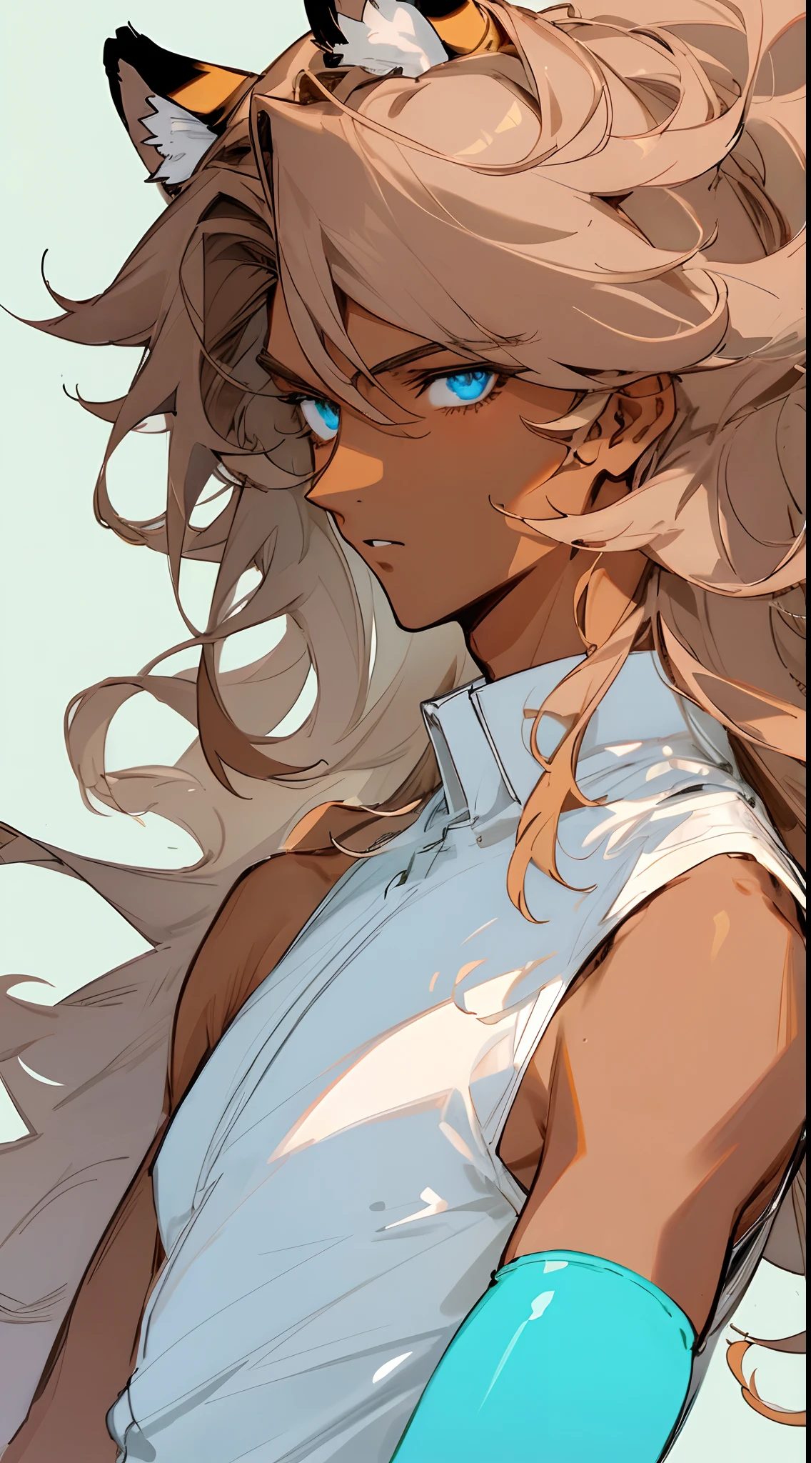 (masterpiece, best quality) detailed, 1Character , blue archive art style , pastel washed out colors , cell shade , soft, muted shades ,gentle colors ,
Close up head shot , sleeveless shirt , mugler clothing , high fashion, ((Beautiful man:1)) , ((Dark skin:1.5)) , ((long hair)) , ((light brown hair)) , ((male:1.4)) , full lips , light blue eyes ,((has tiger ears:1)) ,big hair , voluminous hair , ((Skinny build)) ,effeminate , full long eyelashes , Bishounen, possess delicate and androgynous features, age 33,