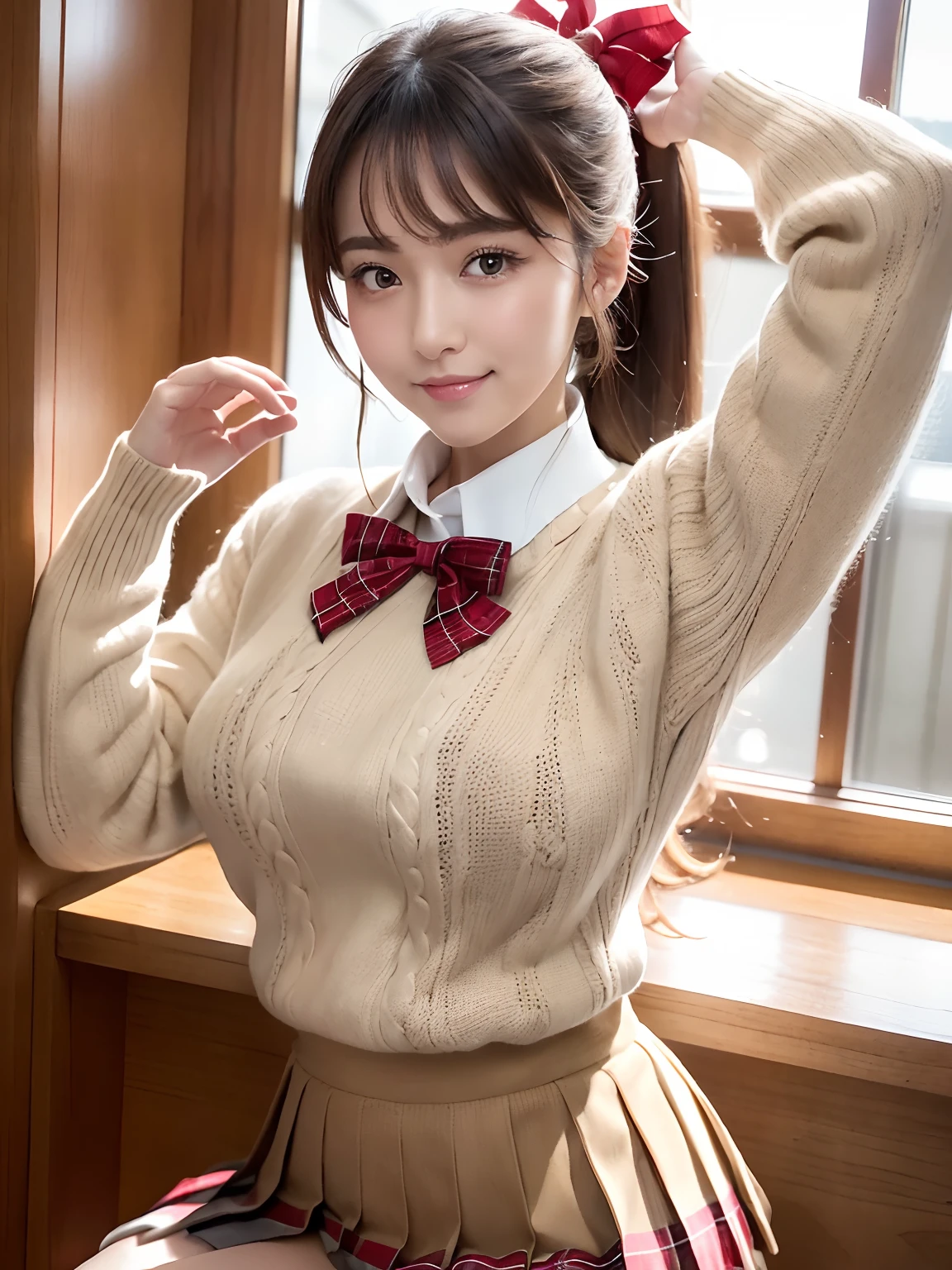 (4 k、top-quality)、(realisitic、Photorealsitic)、(Yakian)、
1girl in、独奏、fullllbody、(face to the viewer)、
perfect hand、up looking_で_the viewer、
whiteshirt、
in a house、Daytime、Inside a school classroom、finerly detailed face、Slightly chubby、The best smile、Light brown ponytail hair,(huge-breasted:1.2)、
(School Uniforms:1.2), (wearing a beige knitted sweater over a white shirt,,,,,,:1.3), (Red bow:1.3), (Plaid pleated skirt:1.3),(Cameltoe),35 year old、Nogizaka Idol、actress、Korean Idol、hposing Gravure Idol,place one's arms behind one's back,raise both arm,(Aside)