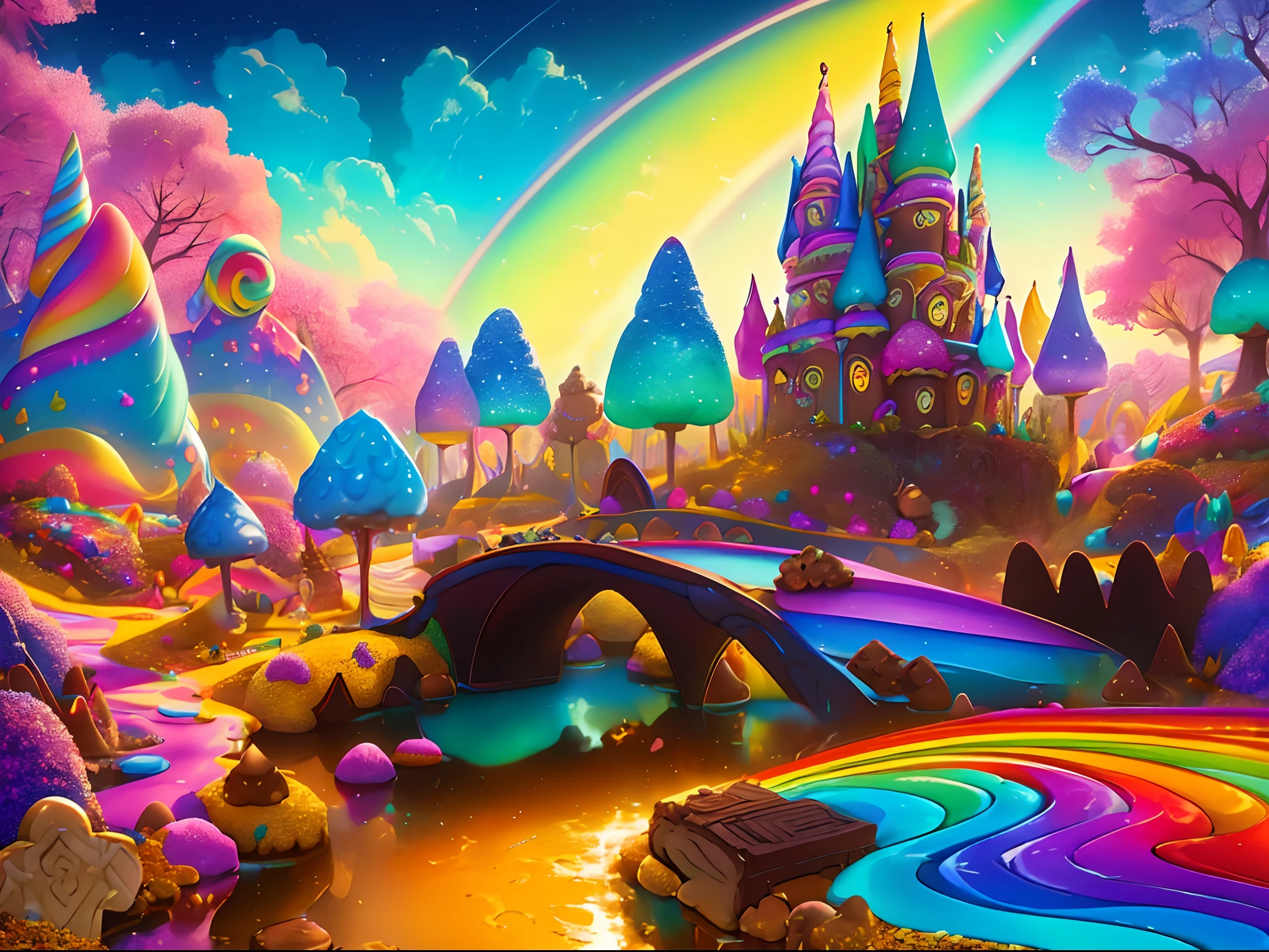 (tmasterpiece, Best quality:1.3), hyper-high detail, fantasy, 8K, candyland, Dynamic,SENSE OF CINEMA, Ultra detail, Full background, dream magical, illustration, water dripping, glittery, (Odd cookies:1.3), (Ocean), , syrup, glitters, scenery, ((No Man)), Drizzle,The rainbow hangs high in the air, (Shiny:1.2), Various colors, Monolithic, (full bloom:0.4), extremely detaile, (Yellow and brown theme:1.3), streaked, Rainbow, (gradients), Fruit Kingdom, Lively, Perfectcomposition