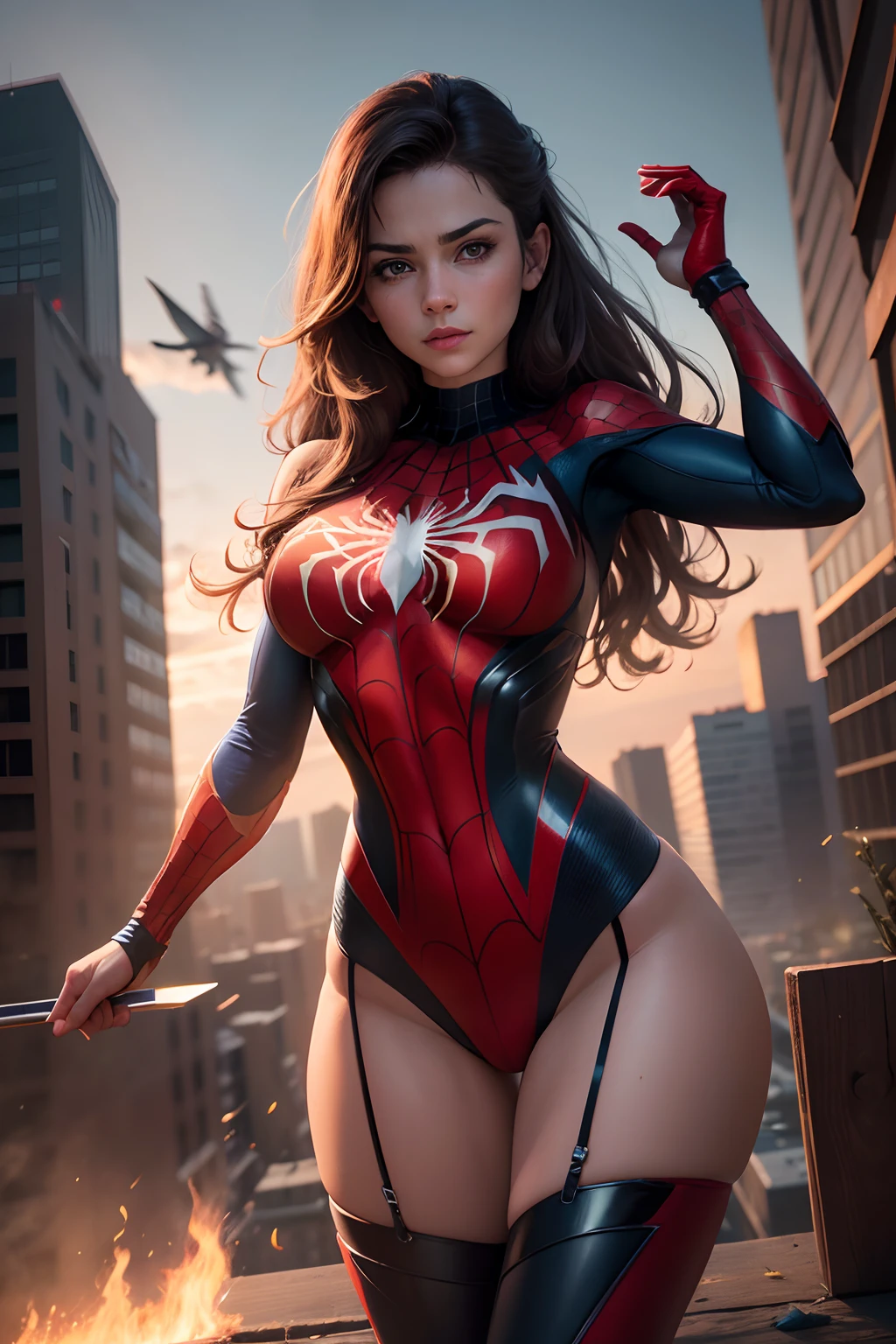 (best quality, highres, masterpiece:1.2), ultra-detailed, realistic:1.37, vivid colors, sharp focus, professional, HDR, cinemagraph.
cena cinematografica, beautiful detailed girl, spiderman costume, flying scene with rooftops, acrobatics, tiles on the highest buildings (vestindo spiderwoman_Cosplay_traje:1.1), in front of a sky, good hand, 4k, alta resolução, obra-prima, melhor qualidade, headpe: 1.3, ((fotografia Hasselblad)), pele finamente detalhada, foco nítido, (cinematic lighthing), noite, soft-lighting, dinamic angle, [:(rosto detalhado: 1.2): 0.2], middlebreasts, fora,