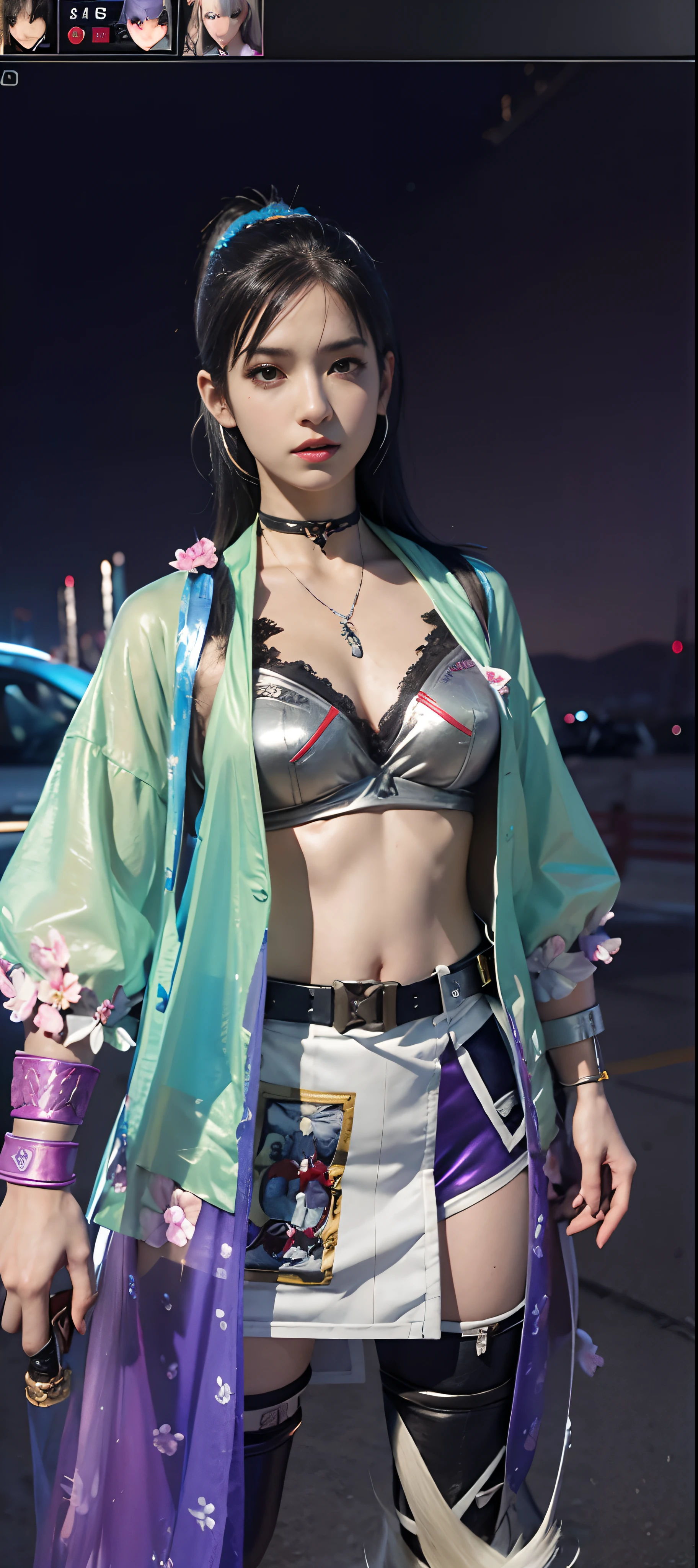 a close up of a person in a costume with a sword, as a character in tekken, female character, tifa lockhart with white hair, katana zero video game character, lunar themed attire, kda, slim body, cyborg - girl with silver hair, upper body avatar, (( medium breast;1.2)), fashion gameplay screenshot, fighting game character, new character, floralpunk elysian maiden, sigma female