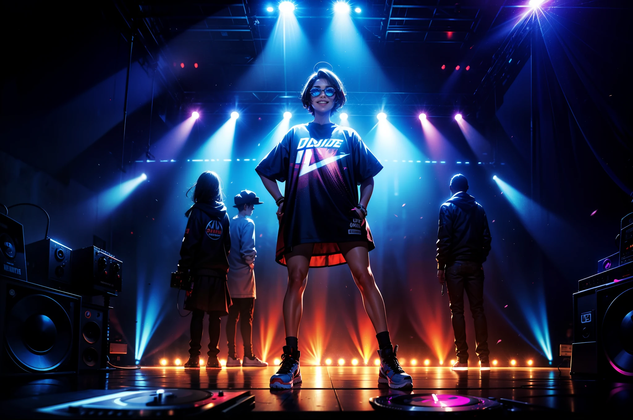 (Ultra - Detalhado, 16k resolution, Lentes de cinema，rendering by octane),Uma jovem mulher pintada，Tem cabelos lisos brancos e rosa, up hands，Mobilize a atmosfera，hands off the board，Usando fones de ouvido de DJ prateados, Camiseta de lantejoulas prateada brilhante, (Roupa hip-hop pop exclusiva:1.3), Sorria enquanto DJ no palco.Standing in front of DJ equipment Full body shooting, Os holofotes se voltam para a DJ. Realistic style photographs by Disco Lighting
Wait for the start