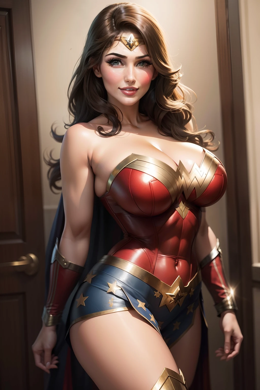 lucy pinder, face portrait, smiling, sexy, wonder woman