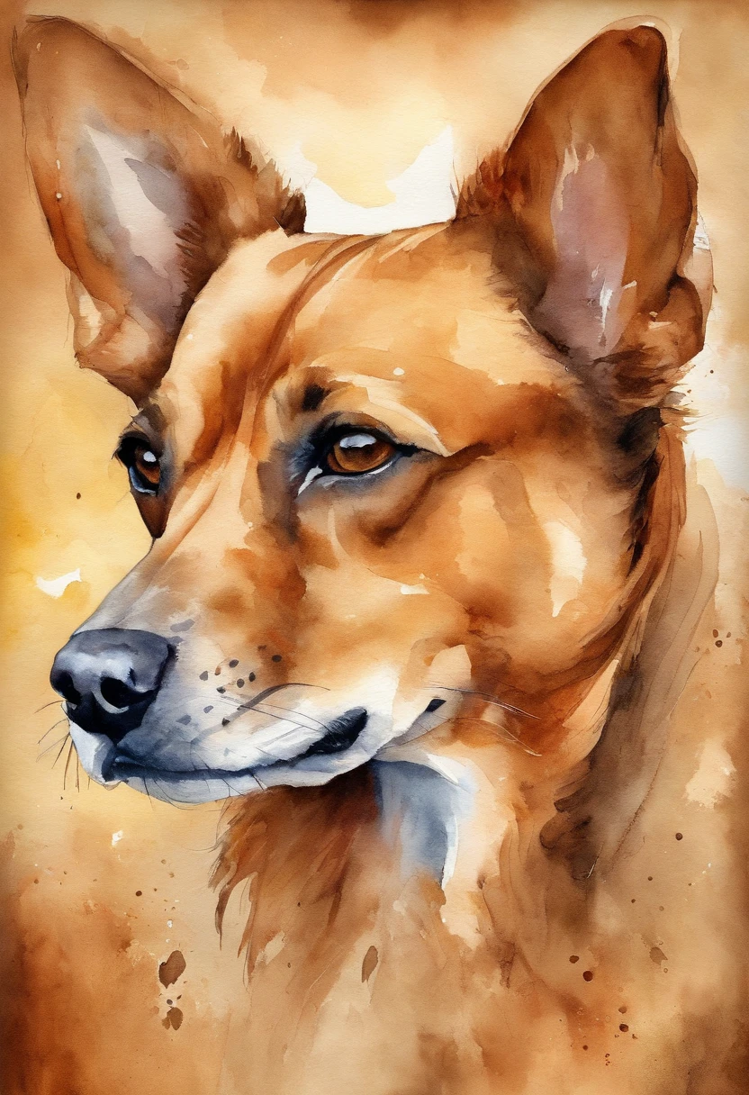 Create a realistic image of a caramel dog with a very short coat where its playful gaze is fixed on the front. The background is abstract with different shades of brown. As manchas marrons no fundo misturam-se suavemente com tons de amarelo.