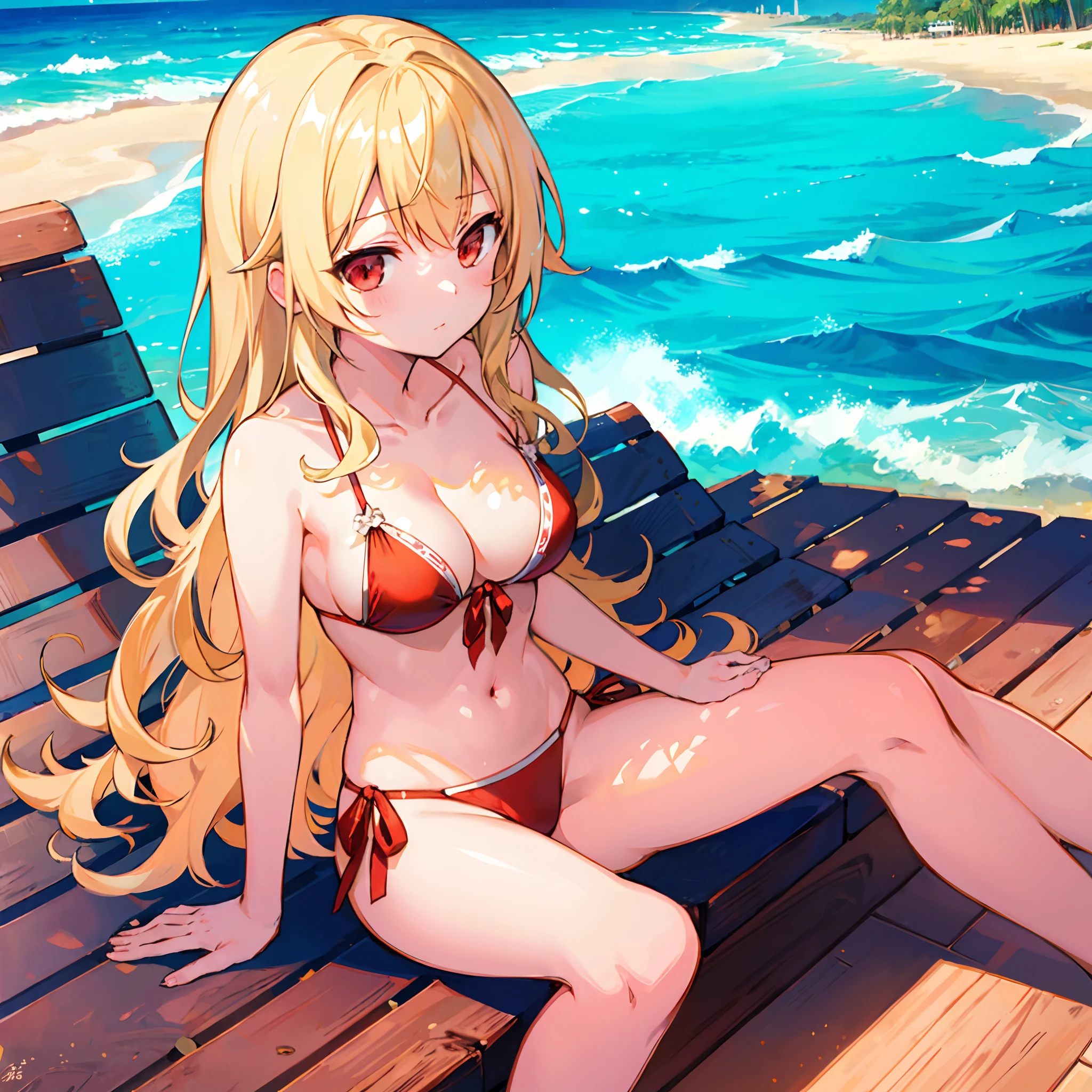 Wavy blonde、red eyes、One Beautiful Girl、The bikini、gravure、sitting on、suns、sea side