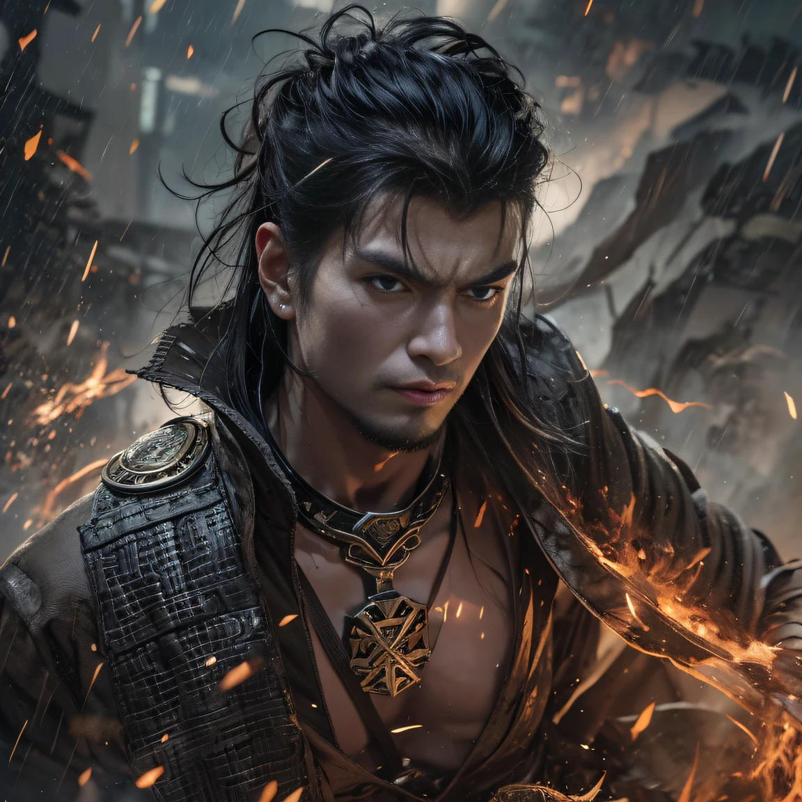 (Explosive ruins)The eyes are full of confusion,He clenched his fists,Rush up,Deliver a fatal blow to your opponent,full bodyesbian,Full Body Male Mage 32K(tmasterpiece,k hd,hyper HD,32K)Flowing black hair,Campsite clutter,zydink, a color, patriot (Doomsday ruins), (Linen batik scarf), Angry fighting stance, looking at the ground, Batik linen bandana, Chinese python pattern long-sleeved garment, (Abstract propylene splash:1.2), Dark clouds lightning background,Flour flies(realisticlying:1.4),Black color hair,Flour fluttering,Background fog, A high resolution, the detail, RAW photogr, Sharp Re, Nikon D850 Film Stock Photo by Jefferies Lee 4 Kodak Portra 400 Camera F1.6 shots, Rich colors, ultra-realistic vivid textures, Dramatic lighting, Unreal Engine Art Station Trend, cinestir 800,Flowing black hair,(((Male mage))),The male mage was furious,