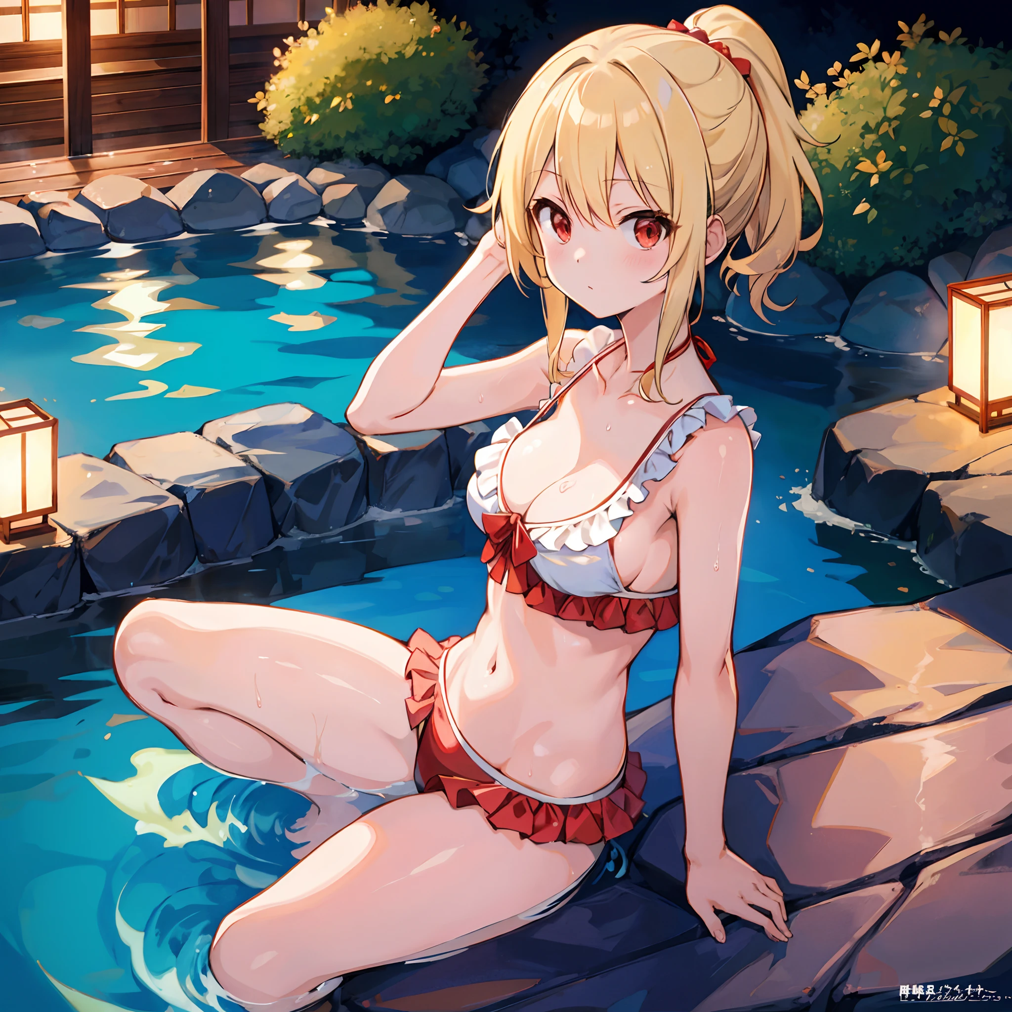 a blond、red eyes、One Beautiful Girl、Bikini with ruffles、gravure、hot onsen