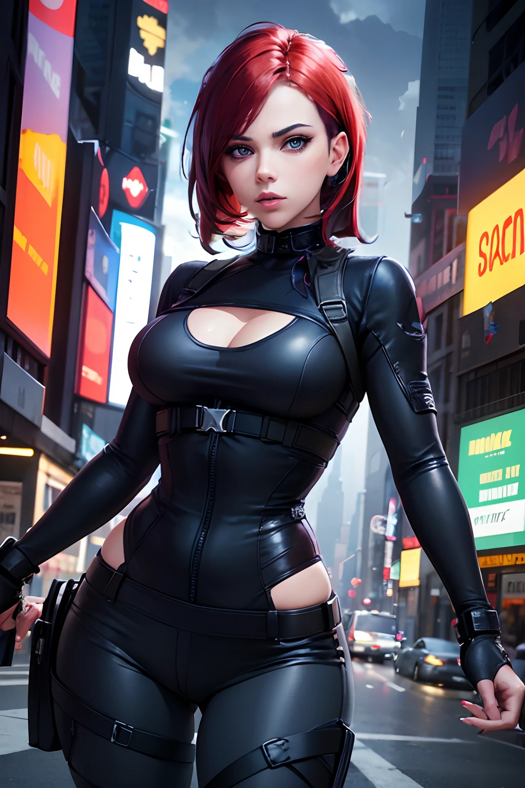 mechanical girl,(1girl: 1.3),((1 black anime girl with extremely cute and beautiful red hair)),((((black race)))),

(big breasts: 1.4),sagging breasts,(((short red hair: 1.35,cropped,redhead,very short hair)),((heterochromia,eye1 red,eye2 white,perfect eyes,rolled eyes up: 1.3,beautiful detailed eyes,finely detailed beautiful eyes: 1,big highlight on eyes: 1.2)),(fat: 1.2),(((black skin,dark skin woman,dark skin: 1.3,skin of ebony,lustrous skin: 1.5,shiny skin: 1.5,tan skin,shiny skin,very shiny skin,shiny body,plastic shiny skin,exaggerated shiny skin))),(spider lower abdomen,narrow waist,wide hip ,athletic body,inflated legs,delicate and detailed fingers,the hand consists of a short thumb and four fingers,hand with only five fingers,detailed body,detailed arms,human hands,(detailed face)),(((muscle legs,muscular thighs,muscular girl))),(strong and muscular,bodybuilder,strong body,muscular,feminine and muscular),(huge stature,tall stature,very tall girl),

cute,slutty,sensual,seductive look,seductive,erotic,enchanting,(((nsfw))),

(fitted overalls: 1.3,suit unbuttoned),((mechanical tools on his clothing)),(((huge cleavage))),(detailed suit,detailed clothing),

(dynamic pose:1.0),solo focus,embarrassed,centered,scale to fit dimensions,Rule of thirds,

outdoors,((night view)),(very pretty city neon synthwave,cyberpunk night street Background:1.5,dark sky,thick clouds),future vehicles,((neon lights)),thick clouds,(cyberpunk style,neon lights, (synthwave theme background), lonely street),(((detailed background:1.25))),

(best quality),(high resolution),(sharp focus),(ultra detailed),(extremely detailed),(extremely high quality artwork),8k_wallpaper,(extremely detailed CG 8k),(very fine 8K CG),((hyper super ultra detailed perfect piece)),flawless,(((masterpiece))),illustration,vibrant colors,(intricate),High contrast,Selective lighting,Double exposure,HDR (High Dynamic Range),Post-processing,Background blur,