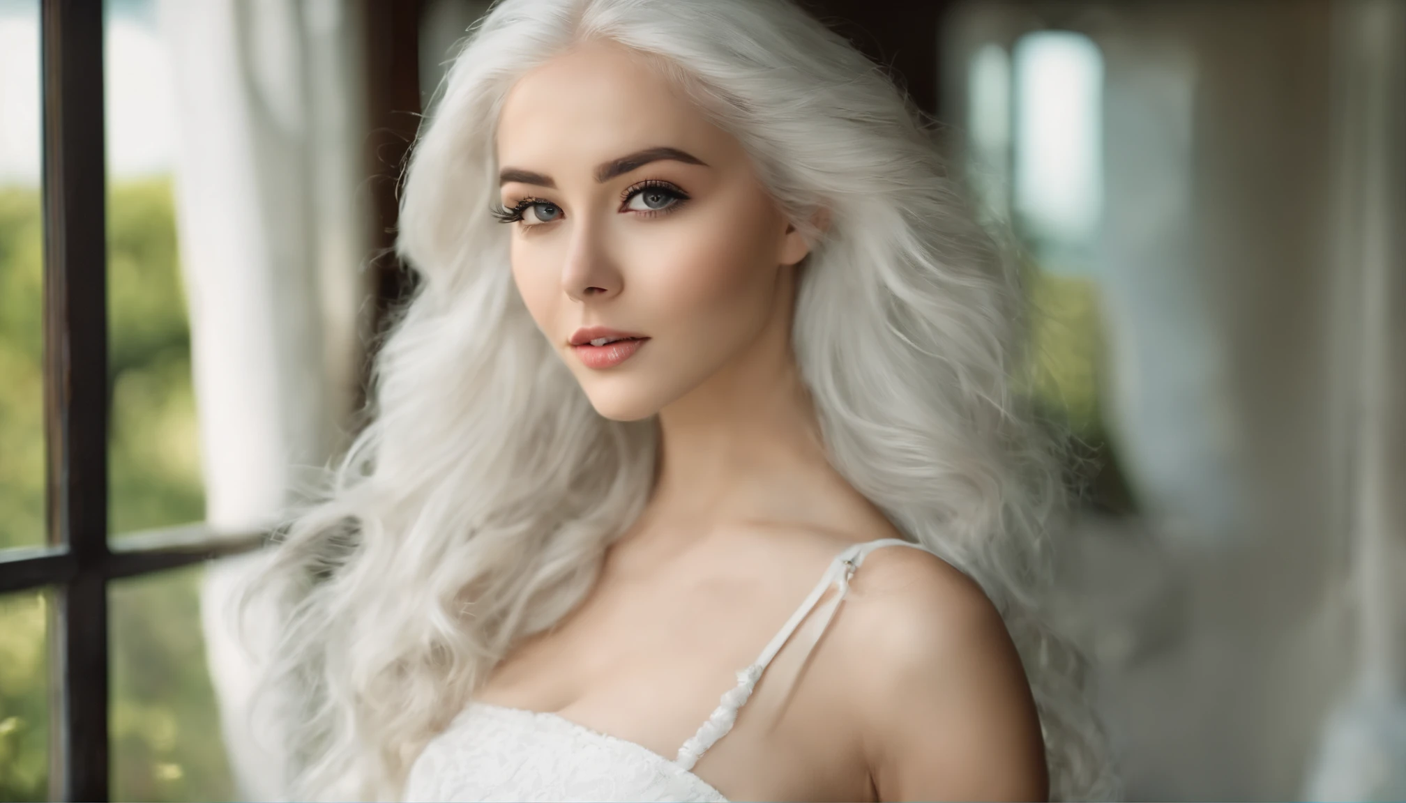 White sheer short tank top dress girl, Sexy girl with green eyes, Portrait of Sophie Mudd, (Big Eyes:1.2 ), (Subtle turquoise eyes), (Voluminous white hair: 1.8), (white hair), (large eyes), (white hair), (large eyes), (white hair), (large eyes), Selfie of a young woman, without makeup, natural makeup, Straight Looking at the Camera, Faces with artgrams, Subtle makeup, Amazing full-body shots, Pierced green eyes, Beautiful angles, attractive pose, Cute Girl, Sexy Pose, full body photograph, s whole body, full body shooting, White hair goddess, High Detail, Satisfying pose, seaside, waves, Sunny weather, shining sun, (Hair blowing in the breeze), Sunny weather, shining sun, (Hair blowing in the breeze), (Hair blowing in the breeze)