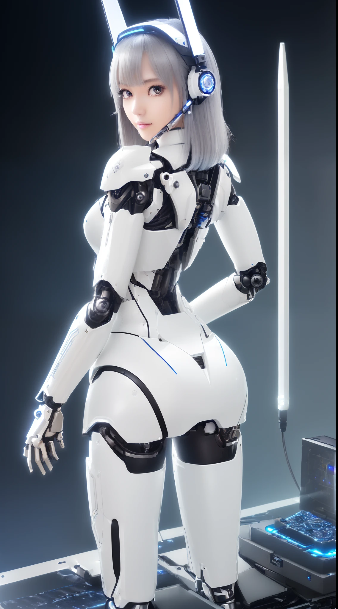 ((masutepiece)), ((top-quality), high quarity、ultra-definition, Realistic, (Ultra-fine face)、fulcolor 、scientific fiction、Beautiful robot police woman、((Cyberpolis))、((Mechanical joints))、Machine body、((machine components))、Actuator Joints、White porcelain mechanical armor、(Curvaceous face)、((Ultra detailed eyes))、thin mouth、deadpan、straight haired、((((Electronic substrate))))、Machine Gloves、(Antenna Sensor Headgear)、from the rear