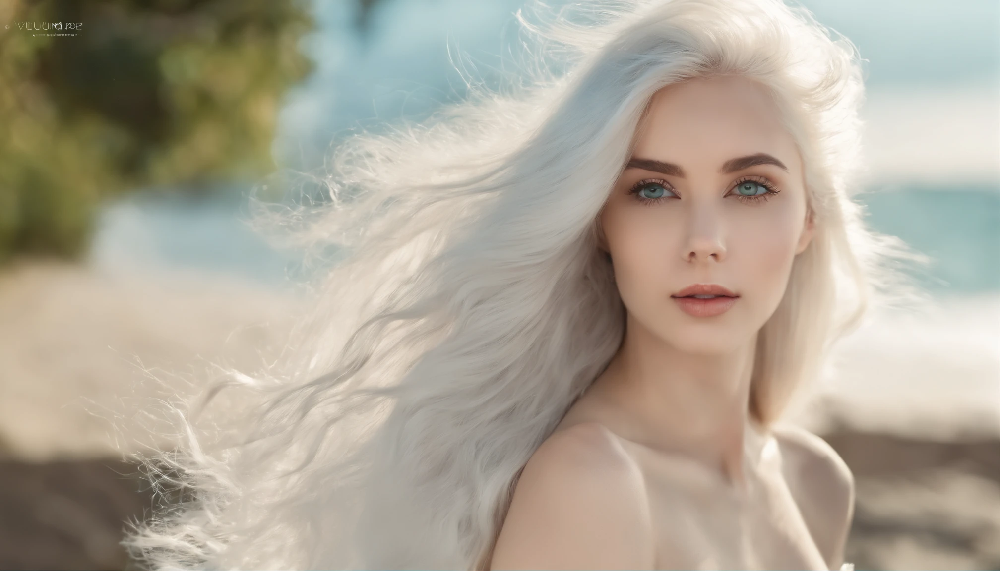 White sheer short tank top dress girl, Sexy girl with green eyes, Portrait of Sophie Mudd, (Big Eyes:1.2 ), (Subtle turquoise eyes), (Voluminous white hair: 1.8), (white hair), (large eyes), (white hair), (large eyes), (white hair), (large eyes), Selfie of a young woman, without makeup, natural makeup, Straight Looking at the Camera, Faces with artgrams, Subtle makeup, Amazing full-body shots, Pierced green eyes, Beautiful angles, attractive pose, Cute Girl, Sexy Pose, full body photograph, s whole body, full body shooting, White hair goddess, High Detail, Satisfying pose, seaside, waves, Sunny weather, shining sun, (Hair blowing in the breeze), Sunny weather, shining sun, (Hair blowing in the breeze), (Hair blowing in the breeze)