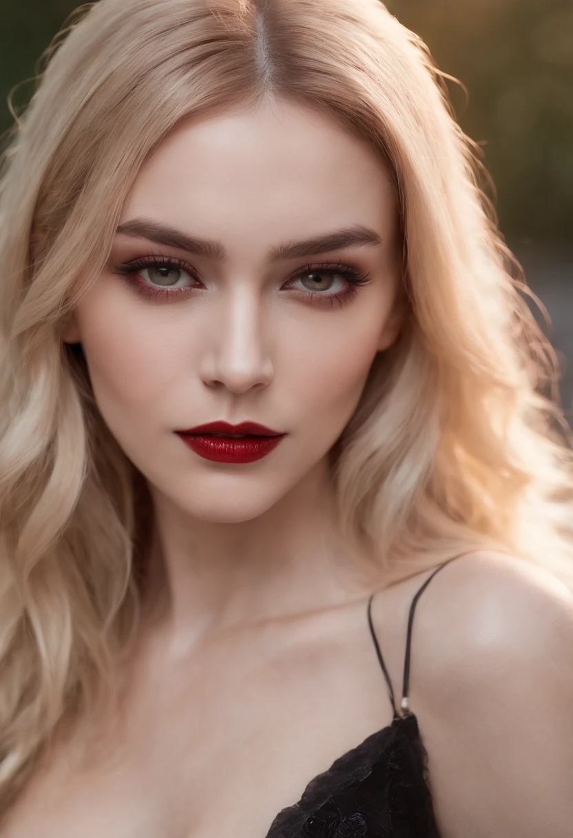 Photorealistic portrait of a female vampire in full body, Beauty with long blonde hair, Full-length seductress, Devilish, Infernal, Radiant, Exotic black coat with fur collar, White bloody shirt, White glowing eyes, Detailed blood-stained face, bloody lips, fangs, ssmile, Streaks of blood, body complet, beautiful big breasts, dark makeup, eye liner, Mesmerizing eyes, well-defined cheekbones, Sculpted jawline, elegance, grace, Natural beauty, attraction, charisma, universality, Photogenic, ダークファンタジー, Night street in the park .