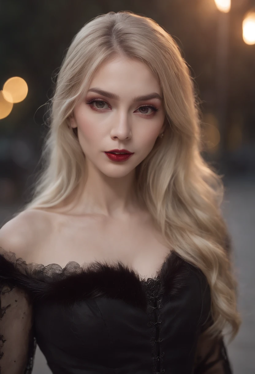 Photorealistic portrait of a female vampire in full body, Beauty with long blonde hair, Full-length seductress, Devilish, Infernal, Radiant, Exotic black coat with fur collar, White bloody shirt, White glowing eyes, Detailed blood-stained face, bloody lips, fangs, ssmile, Streaks of blood, body complet, beautiful big breasts, dark makeup, eye liner, Mesmerizing eyes, well-defined cheekbones, Sculpted jawline, elegance, grace, Natural beauty, attraction, charisma, universality, Photogenic, ダークファンタジー, Night street in the park .