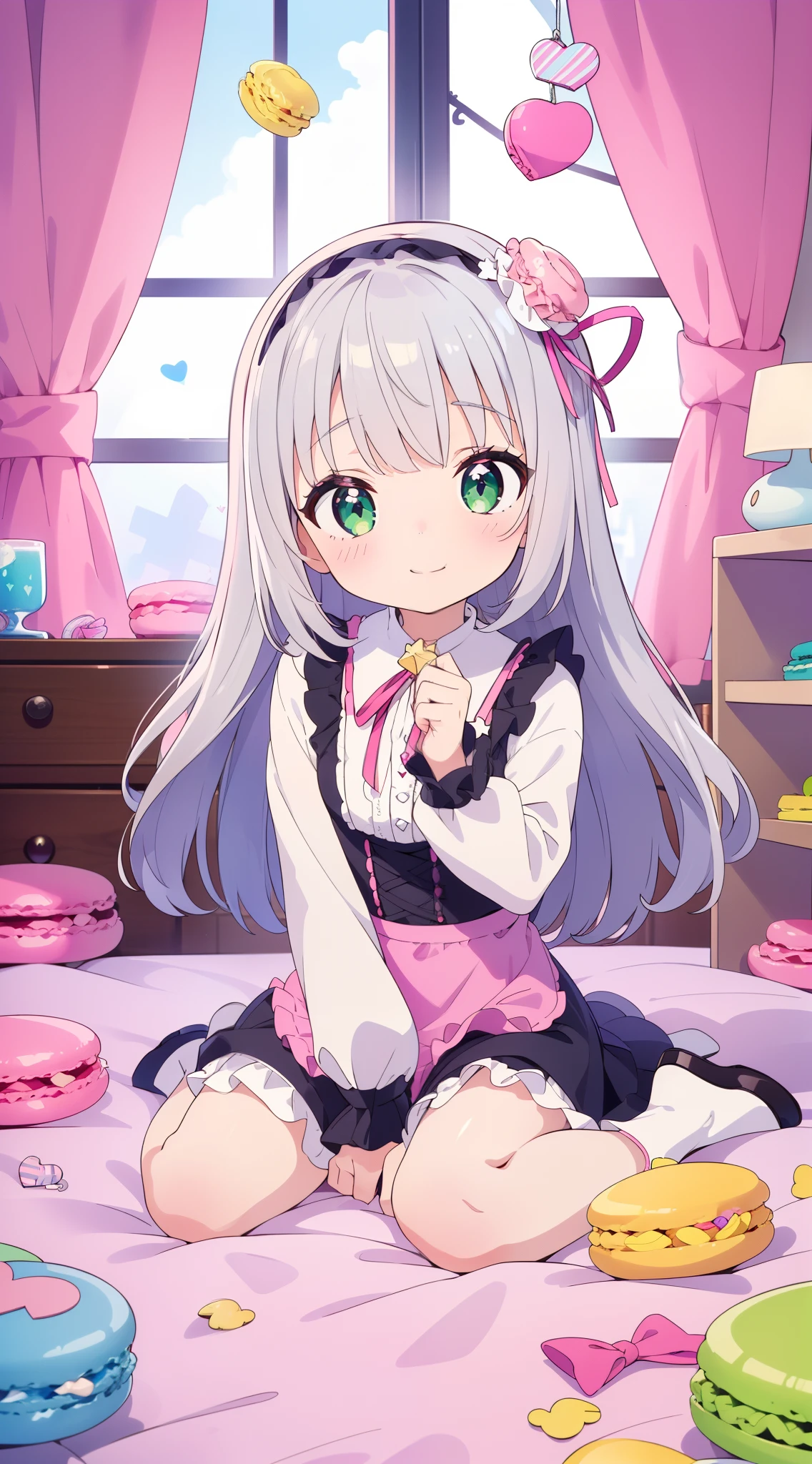 ((((masterpiece)))), high quality,very_high_resolution,full color, 1 girl, (silver hair:1.5), green eyes, smile,happy,(:1.5),long hair, frilled hairband, mini skirt, holding stuffed toy,(( pink kawaii room )),,((pink gothic room)),(((messy room, Marchen ,sitting,wariza,macarons,Candy,heart item,ribbon,star item, small window))),((Miscellaneous goods are placed in a mess:1.5)),dresser,lolita fashion,antimacassar ,