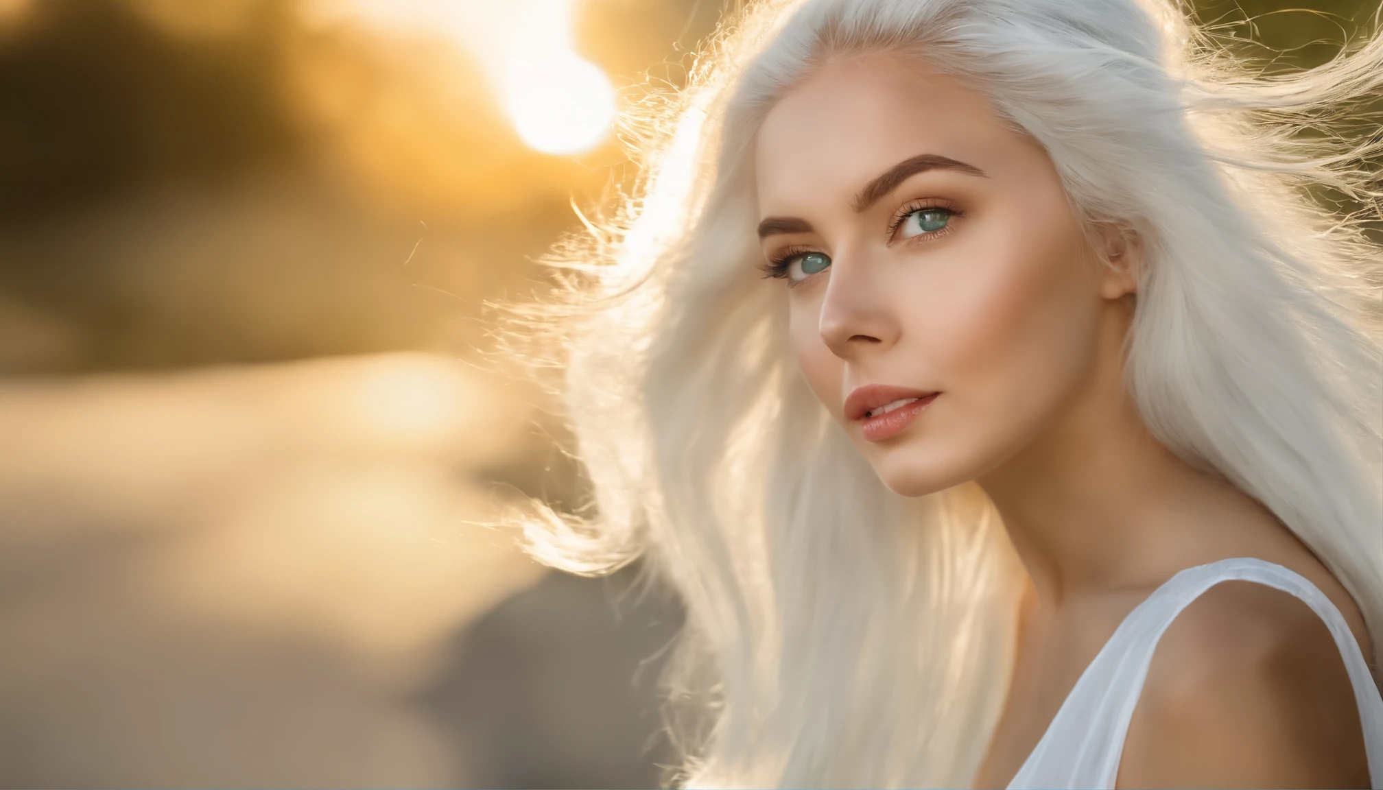 White sheer short tank top dress girl, Sexy girl with green eyes, Portrait of Sophie Mudd, (Big Eyes:1.2 ), (Subtle turquoise eyes), (Voluminous white hair: 1.8), (white hair), (large eyes), (white hair), (large eyes), (white hair), (large eyes), Selfie of a young woman, without makeup, natural makeup, Straight Looking at the Camera, Faces with artgrams, Subtle makeup, Amazing full-body shots, Pierced green eyes, Beautiful angles, attractive pose, Cute Girl, Sexy Pose, full body photograph, s whole body, full body shooting, White hair goddess, High Detail, Satisfying pose, seaside, waves, Sunny weather, shining sun, (Hair blowing in the breeze), Sunny weather, shining sun, (Hair blowing in the breeze), (Hair blowing in the breeze)