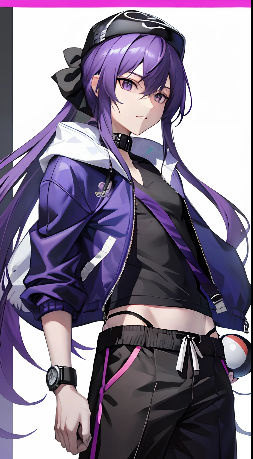 Skinny boy with long purple hair wearing a black tank top with a jacket on top holding a poké ball with the light next to him