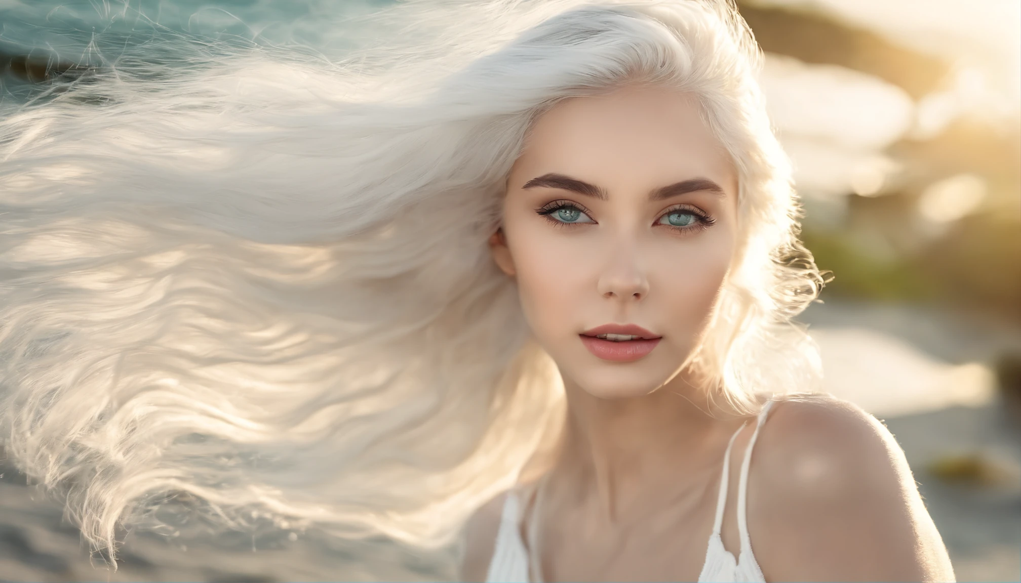 White sheer short tank top dress girl, Sexy girl with green eyes, Portrait of Sophie Mudd, (Big Eyes:1.2 ), (Subtle turquoise eyes), (Voluminous white hair: 1.8), (white hair), (large eyes), (white hair), (large eyes), (white hair), (large eyes), Selfie of a young woman, without makeup, natural makeup, Straight Looking at the Camera, Faces with artgrams, Subtle makeup, Amazing full-body shots, Pierced green eyes, Beautiful angles, attractive pose, Cute Girl, Sexy Pose, full body photograph, s whole body, full body shooting, White hair goddess, High Detail, Satisfying pose, seaside, waves, Sunny weather, shining sun, (Hair blowing in the breeze), Sunny weather, shining sun, (Hair blowing in the breeze), (Hair blowing in the breeze)