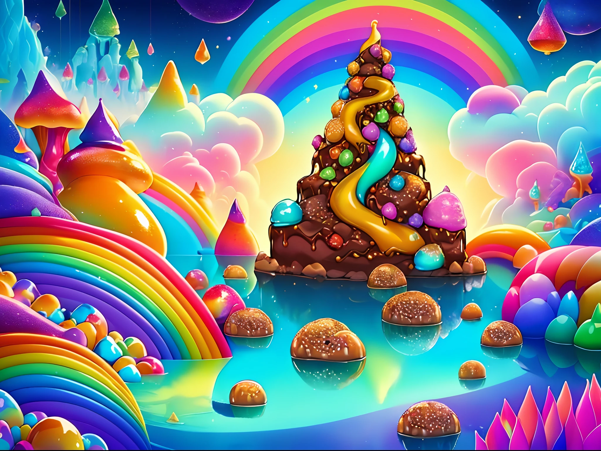 (tmasterpiece, Best quality:1.3), hyper-high detail, fantasy, 8K, candyland, Dynamic,SENSE OF CINEMA, Ultra detail, Full background, dream magical, illustration, water dripping, glittery, (Odd cookies:1.3), (Ocean), , syrup, glitters, scenery, ((No Man)), ((Drizzle,The rainbow hangs high in the air)), (Shiny:1.2), Various colors, Monolithic, (full bloom:0.4), extremely detaile, (Yellow and brown theme:1.3), streaked, Rainbow, (gradients), Fruit Kingdom, Lively, Perfectcomposition
